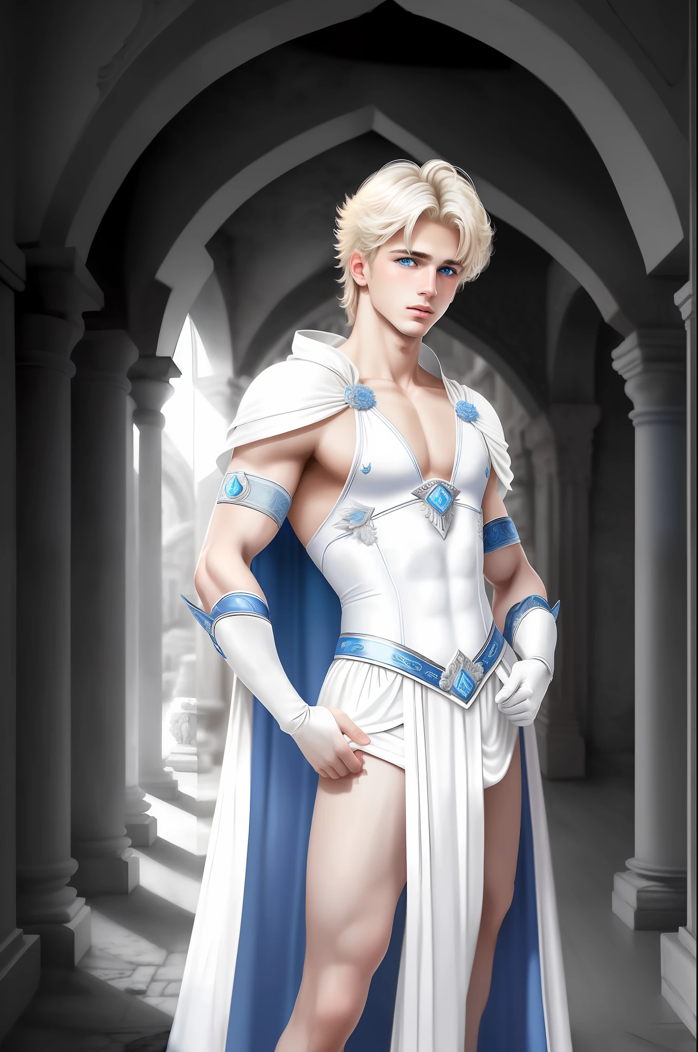 masterpiece, best quality, effeminate roman boy blond cutest in the world, feminine, delicate, blue eyes, around 16 to 20 years, super cute, dynamic pose, model, cool and seductive, dramatic lighting, sexy, white costume of ancient rome, submissive