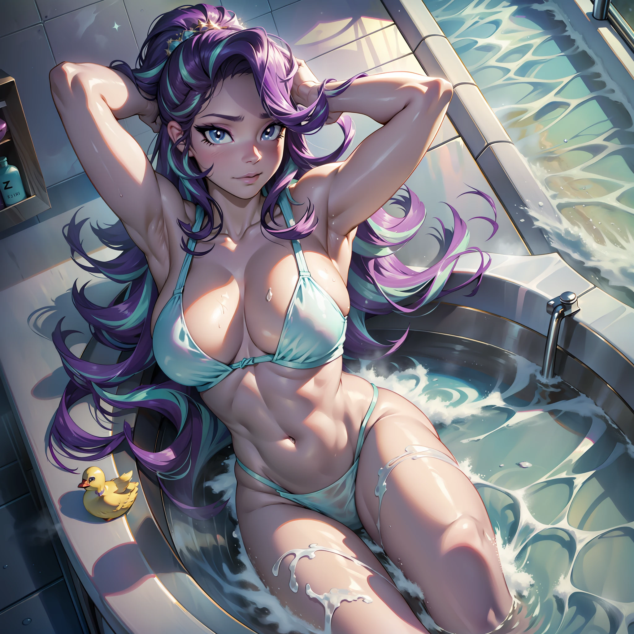 Starlight Glimmer, Starlight Glimmer from My Little Pony, Starlight Glimmer as Girl, Long Hair, Luxurious Hair, Lush Hair, Lying in the Bathroom, Big Breasts, Bulky Breasts, Curvy Breasts, Naked, Legs Spread, Lots of White Foam, Bathroom, Rubber Duck, Washcloth, Soap, Wet Hair, Waist-deep in Water, White Foam Everywhere, Steam, Bathing