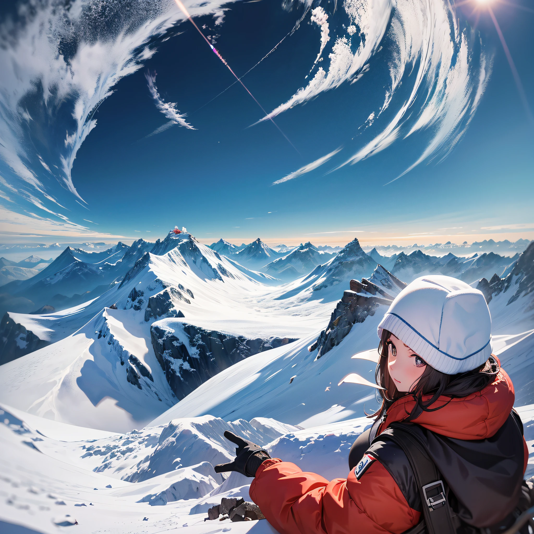 1girl, on top of Mount Everest, selfie, curvature of the earth, magnificent landscape, masterpiece, high quality, detailed image, extremely detailed, 4k --auto --s2