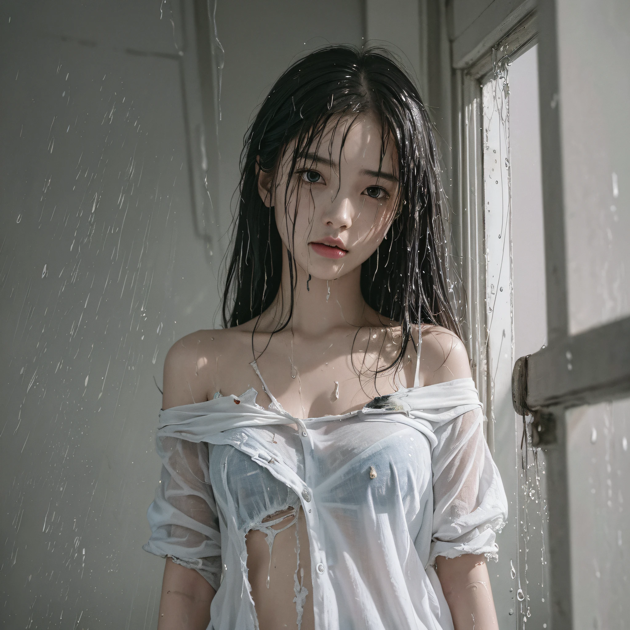 Best picture quality, masterpiece, ultra high resolution, (fidelity :1.4), photo, 1 girl,[(sadness)],white shirt, Dim, dark, desperate, pitying, pitiful, cinematic,tear,teardrop,(Torn clothes:1.5), (Wet clothes:1.4), bare shoulders,Real rain,wet hair,.. --auto --s2