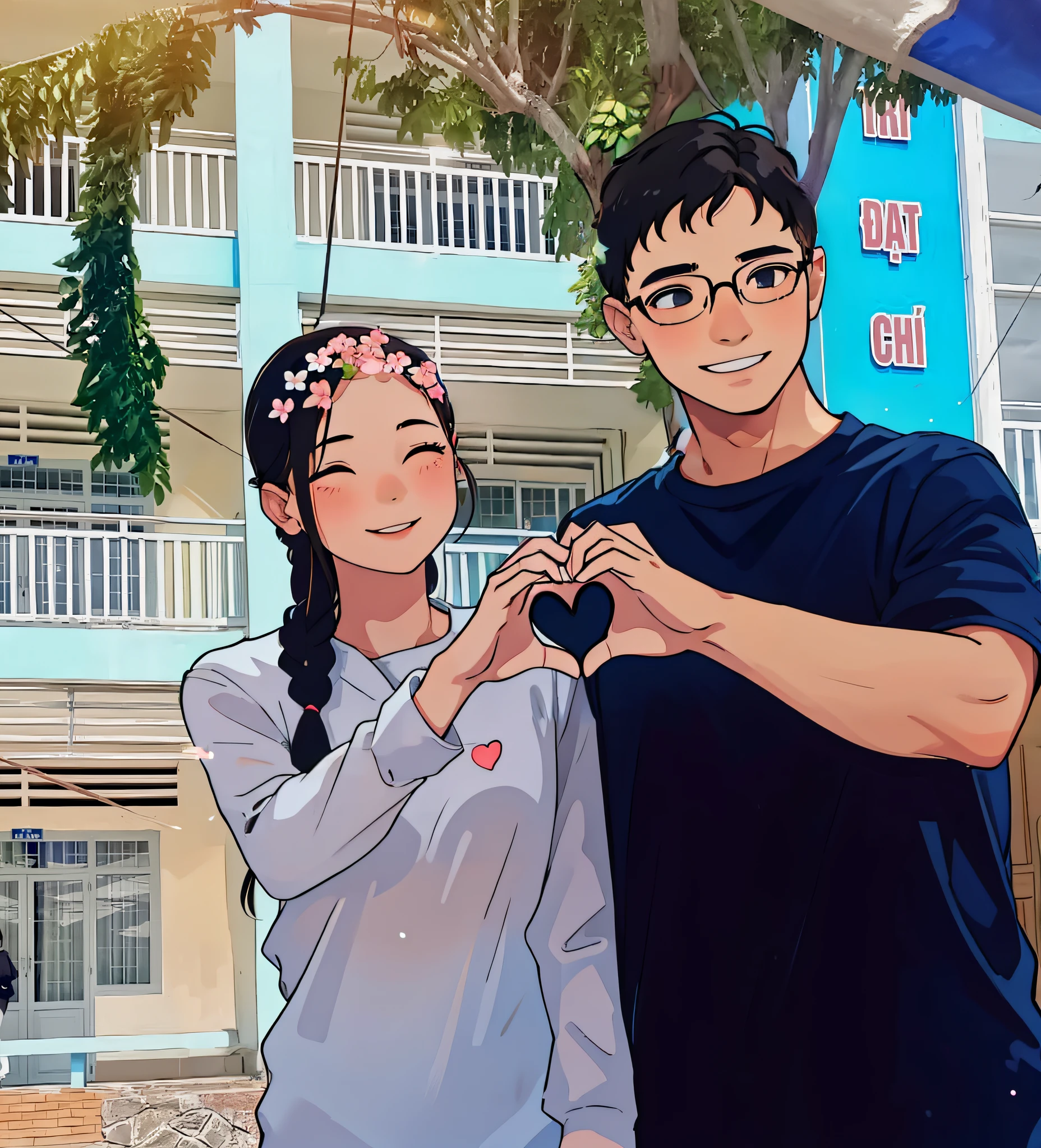 (1girl+1boy), creating a heart shape with their hands, in a romantic atmosphere, with warm colors, gentle lighting, a bokeh effect, a cozy garden filled with flowers and greenery, soft and peaceful ambiance, both smiling, the boy wearing glasses and black hair
