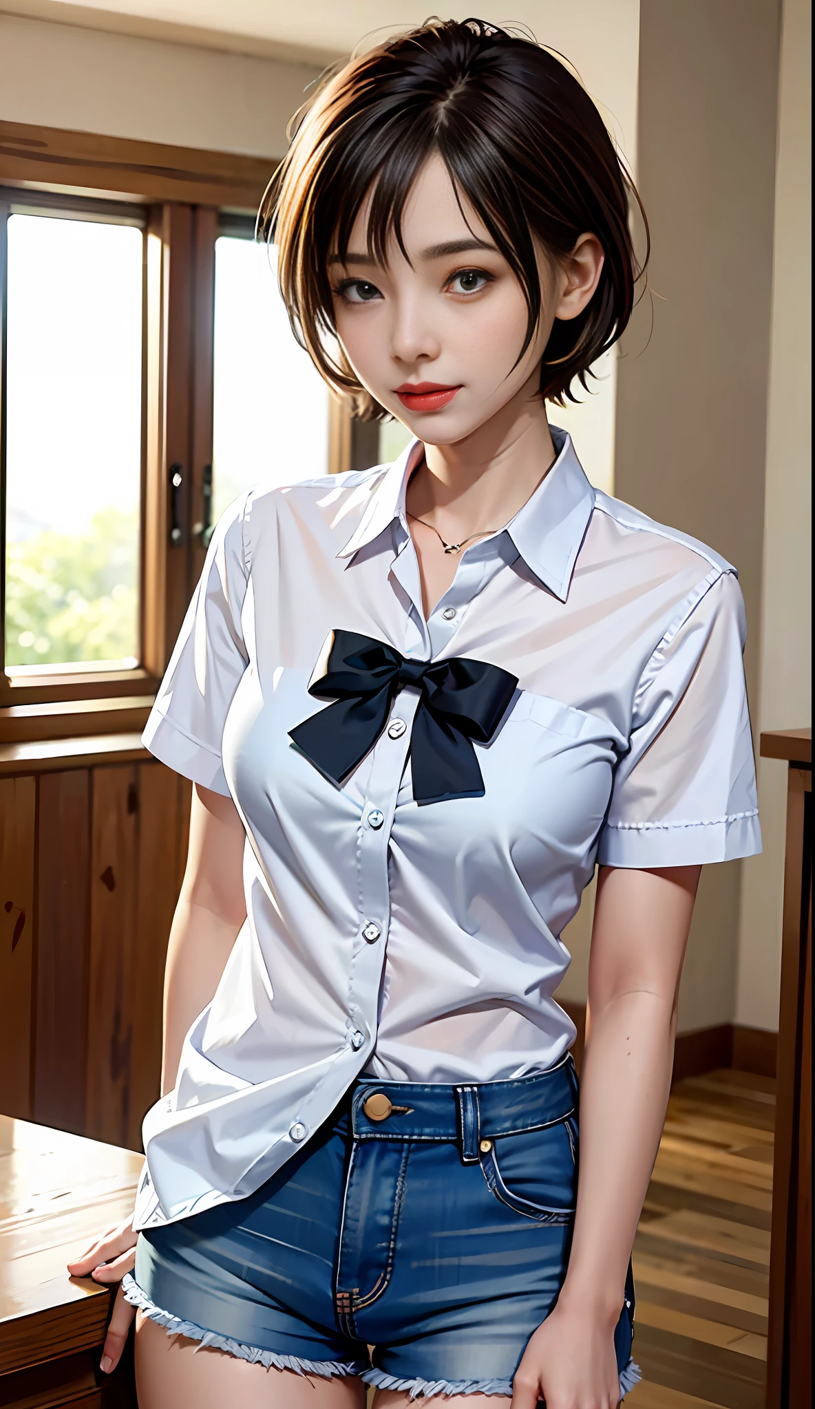 (8k, RAW photo, best quality, masterpiece: 1.2), (realistic, photorealistic photo: 1.37), ultra-detailed,
1 Girl, Cute, Solo, Beautiful Detailed Sky, (Detailed Ruins), Evening, (Nose Blush), (Seductive Smile: 1.1), (Shut Up), Room, Broken Truck, Professional Lighting, Sony A7R4, Zessie 50mm F1.8, Blurred Background, Beautiful Detailed Eyes, (Collared Shirt: 1.1), Bow Tie, Denim Shorts, (Wound Bandage), Oil Stain, (Short Hair: 1.2), Floating Hair Mix