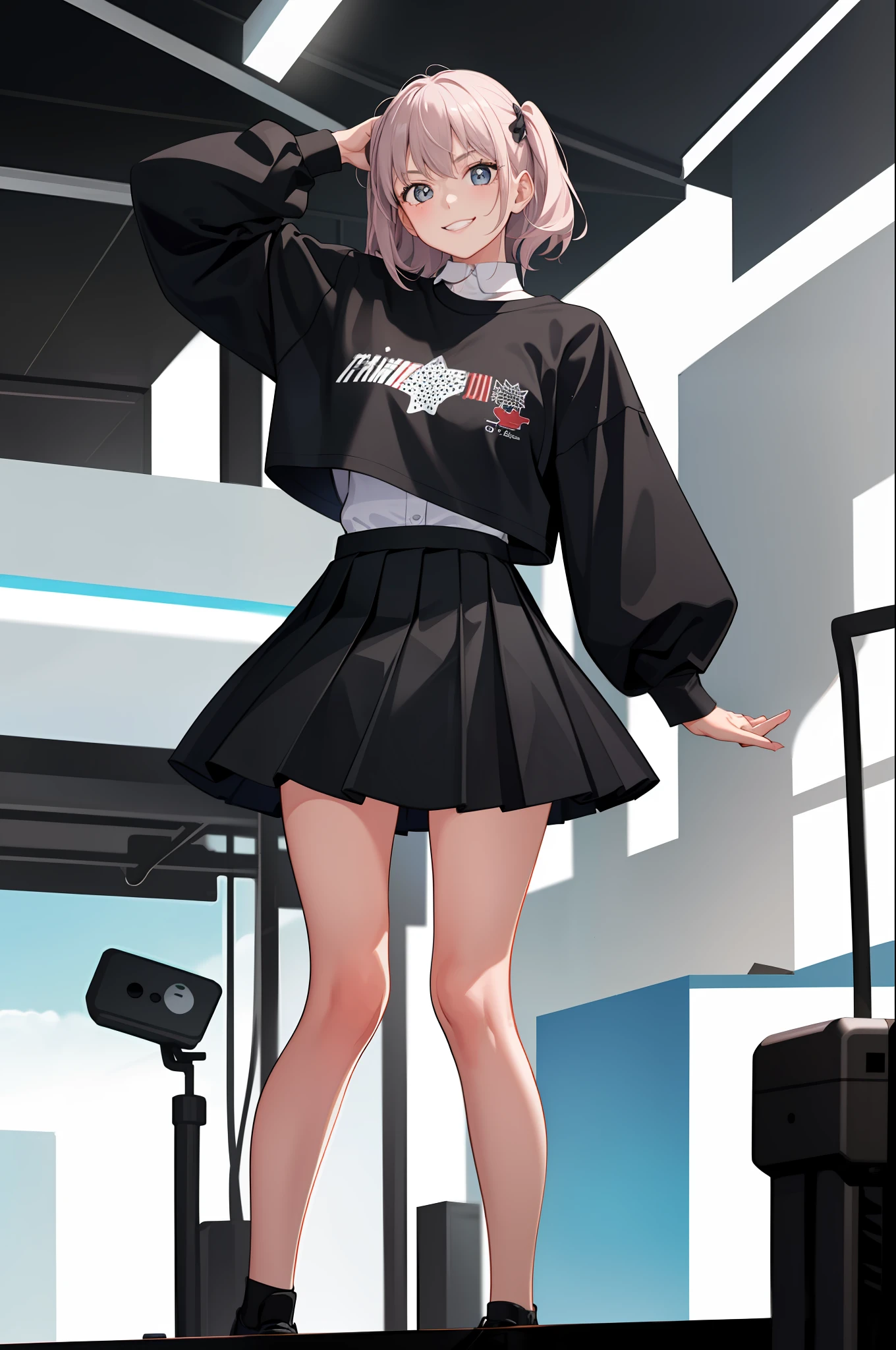 1 girl, smile, shirt, skirt, (small) chiralism,