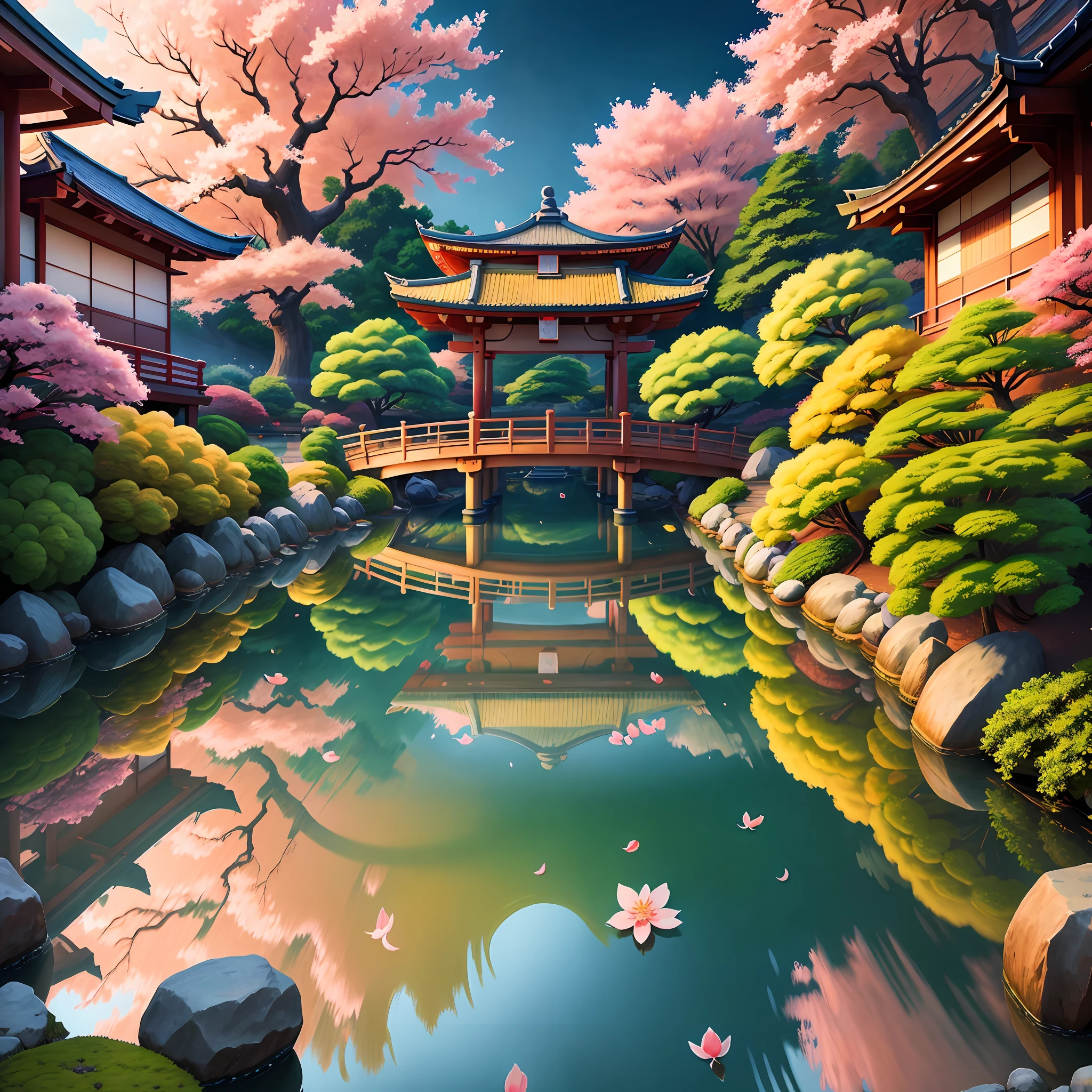 (digital painting),(best quality), serene Japanese garden, cherry blossoms in full bloom, koi pond, footbridge, pagoda, Ukiyo-e art style, Hokusai inspiration, Deviant Art popular, 8k ultra-realistic, pastel color scheme, soft lighting, golden hour, tranquil atmosphere, landscape orientation