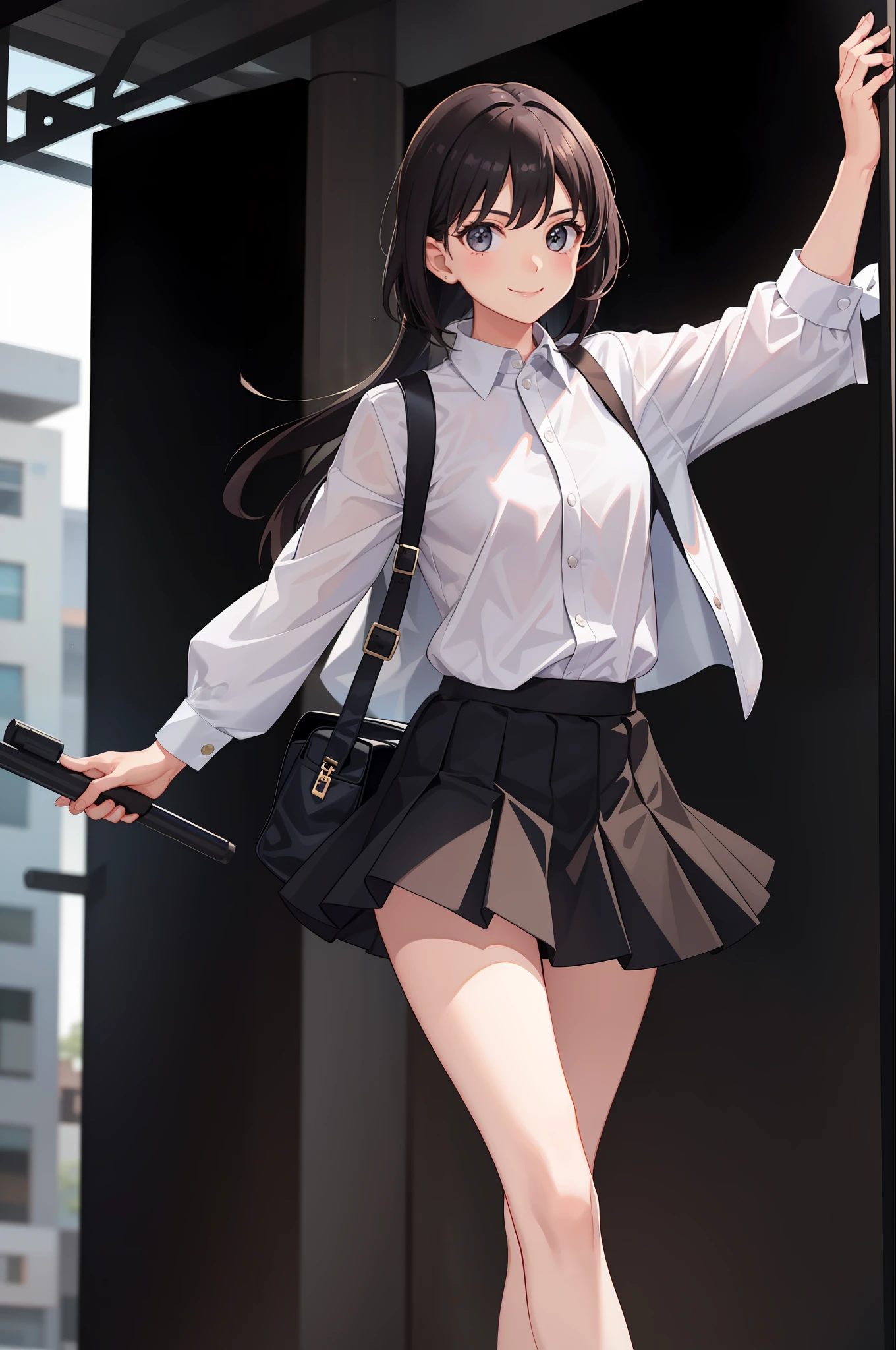 1 girl, smile, shirt, skirt, (small) chiralism,