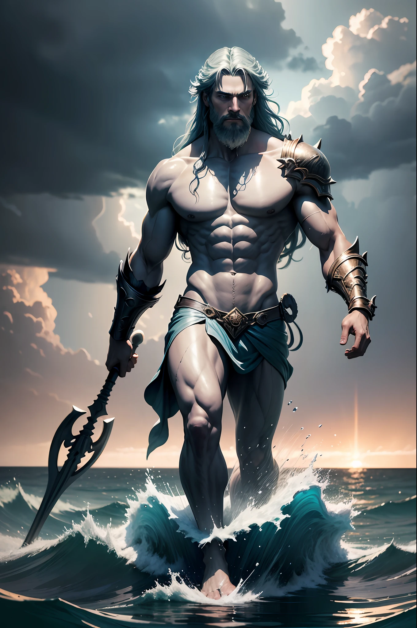 Poseidon walking on the water in a storm, (holding a huge artifact Trident: 1.3), gentle expression, streaks of light falling from the sky, masterpiece, highest quality, high quality, highly detailed CG unit 8k wallpaper, award-winning photo, bokeh, depth of field, HDR, flood, chromatic aberration, realistic, very detailed, art station trend, CGsociety trend, complex, high detail, dramatic, midway art, volumetric lighting