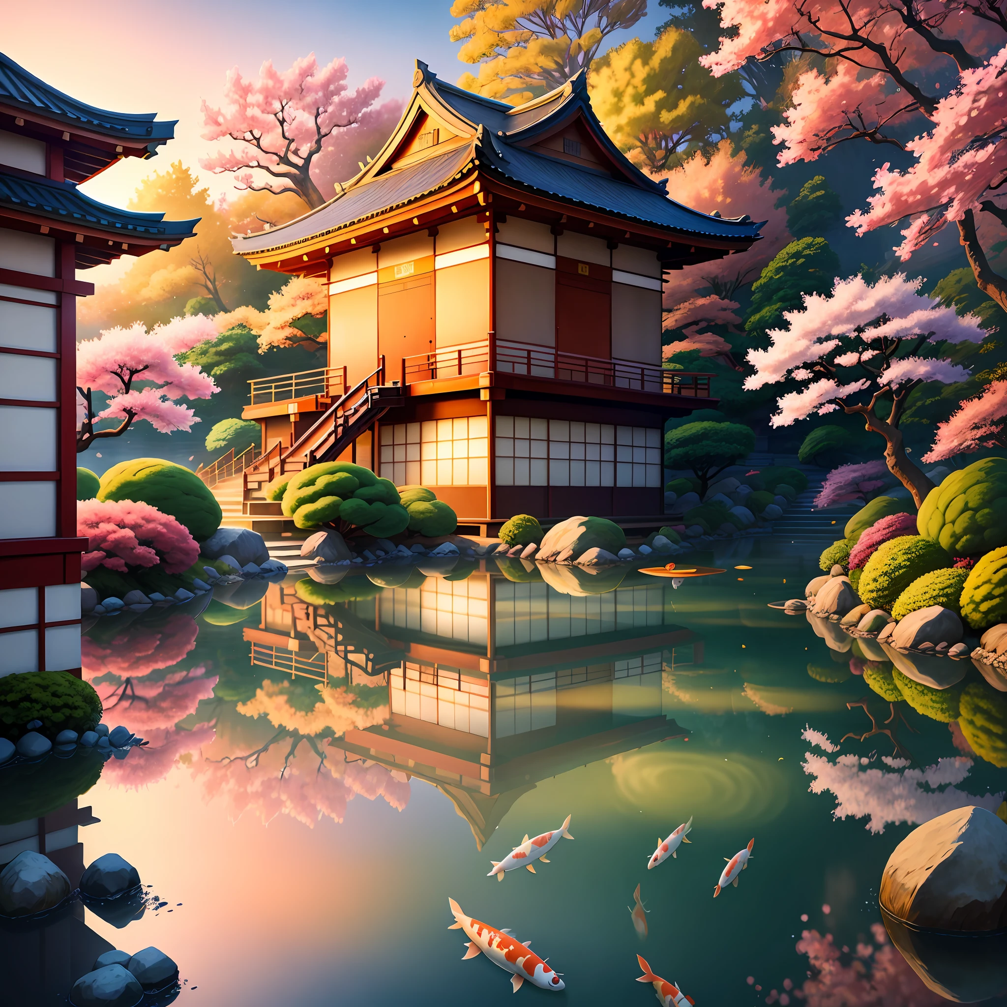 (digital painting),(best quality), serene Japanese garden, cherry blossoms in full bloom, koi pond, footbridge, pagoda, Ukiyo-e art style, Hokusai inspiration, Deviant Art popular, 8k ultra-realistic, pastel color scheme, soft lighting, golden hour, tranquil atmosphere, landscape orientation