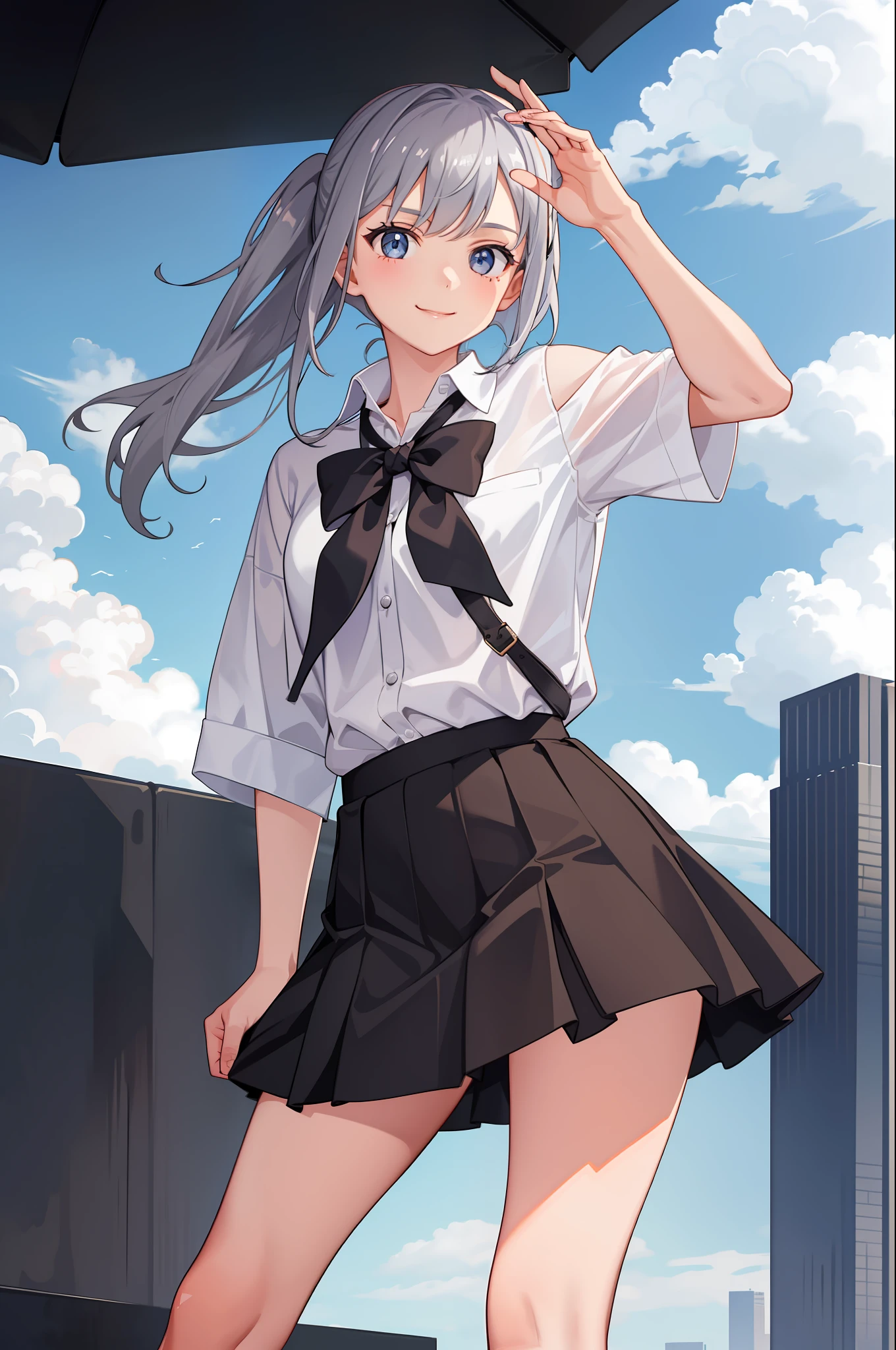 1 girl, smile, shirt, skirt, (small) chiralism,