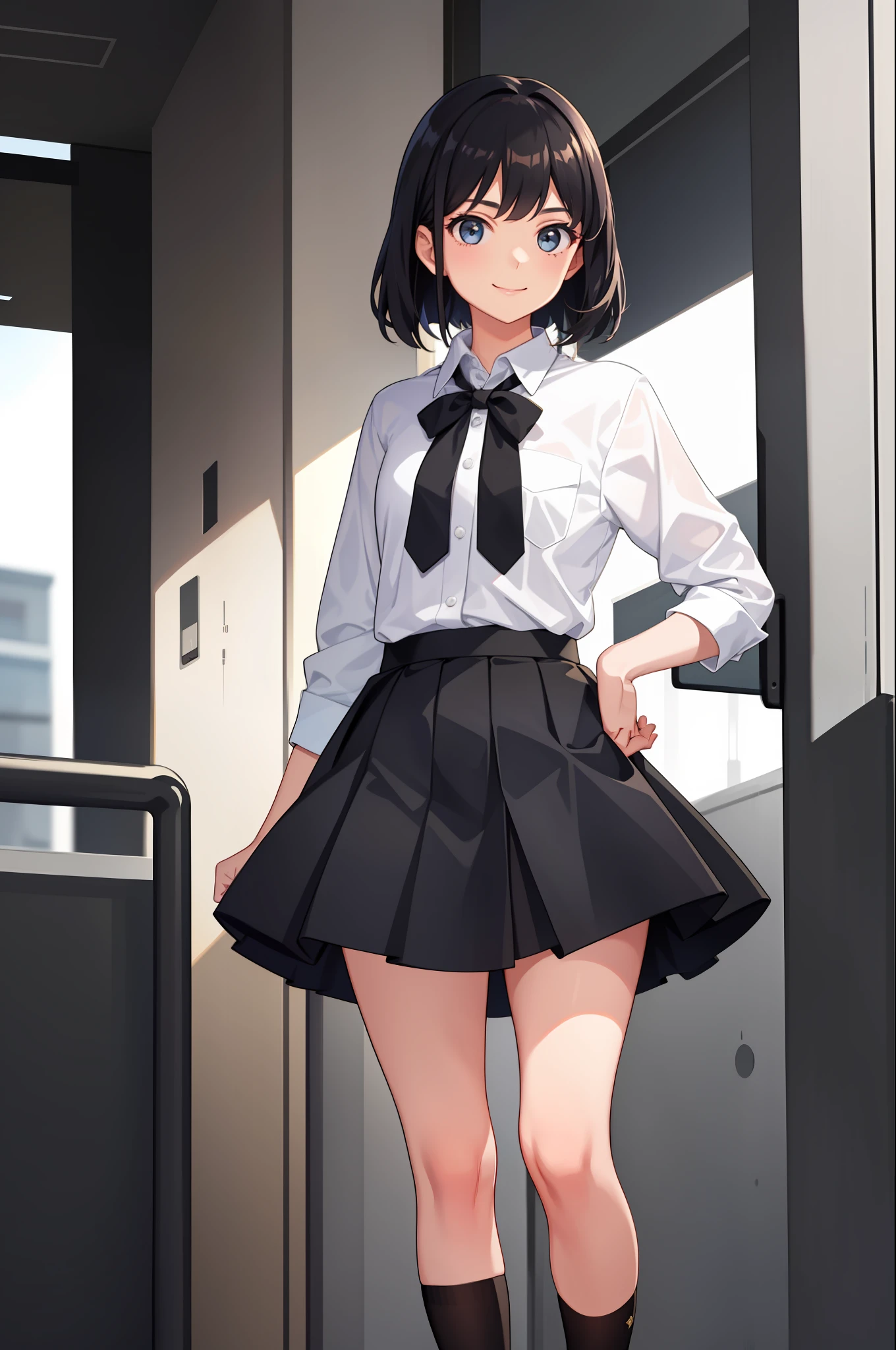 1 girl, smile, shirt, skirt, (small) chiralism,