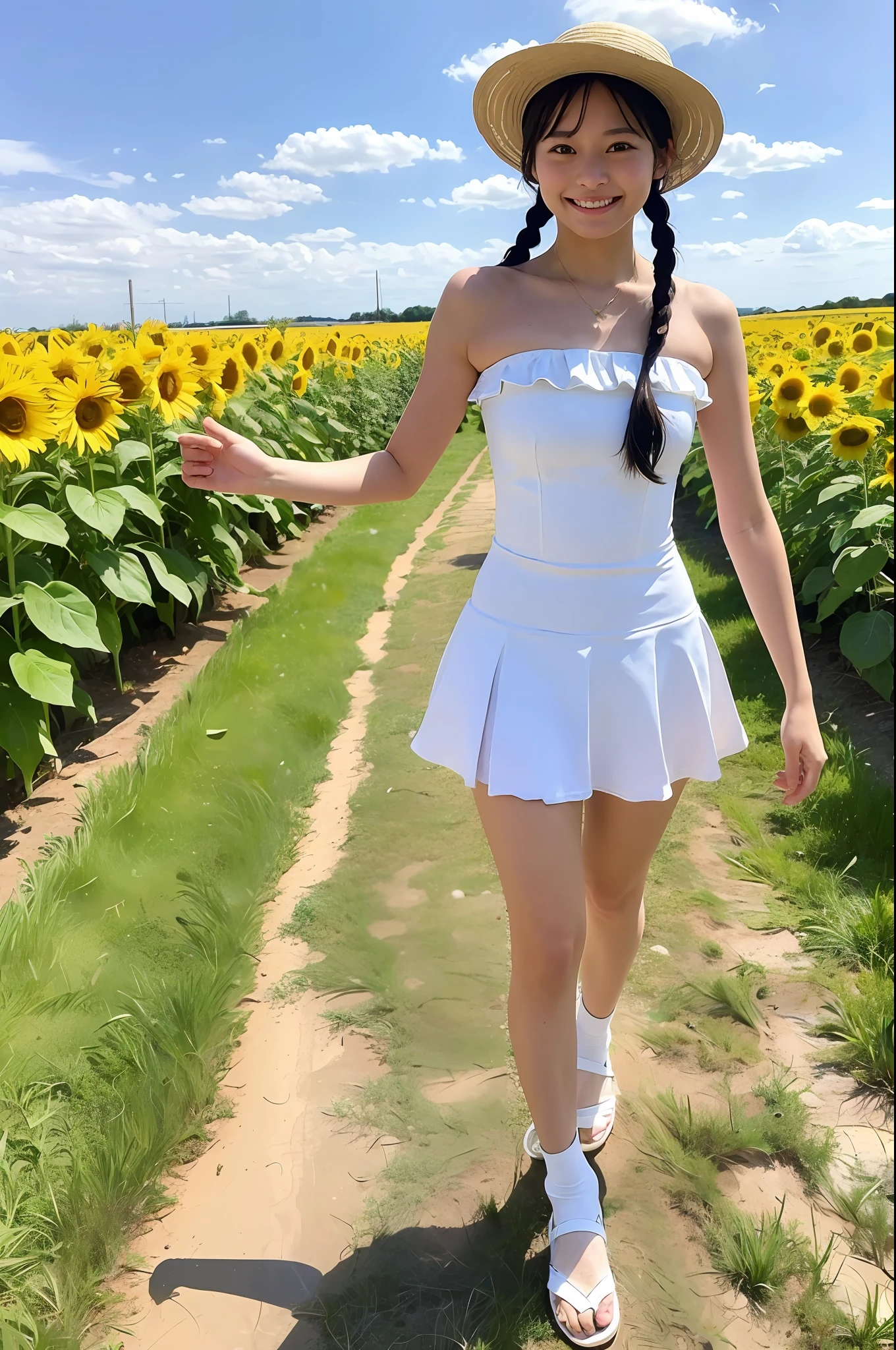 ((Pigtail girl in white high-leg strapless school swimsuit)),ager,smile,straw hat,walking with small bag,blue sky,sunflower