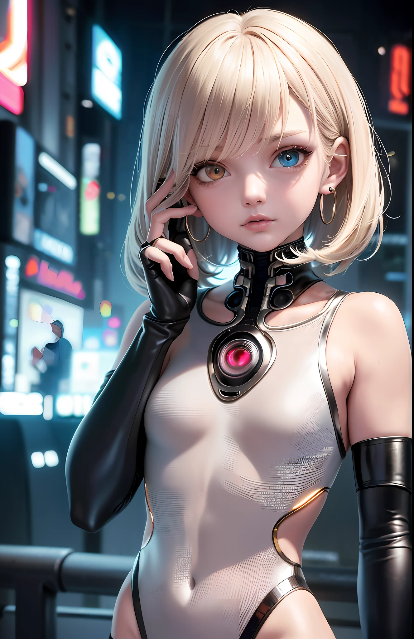 Best, Masterpiece, High Resolution, Best Quality, Ultra HD, Super Detail, Award-Awarded, 16k, Solo, (Upper Body), Anatomically Correct, Beautiful Maiden, Cute Face, Highlights, Gradient Beige Hair, Hair Strands, ((Heterochromia)), Long Eyelashes, Hanging Eye Corners, Fair Skin, (Small), (Slim Body), ((Cyberpunk Style Clothing)), Stud Earrings, (Neck Rings), Very, Very Short Gloves