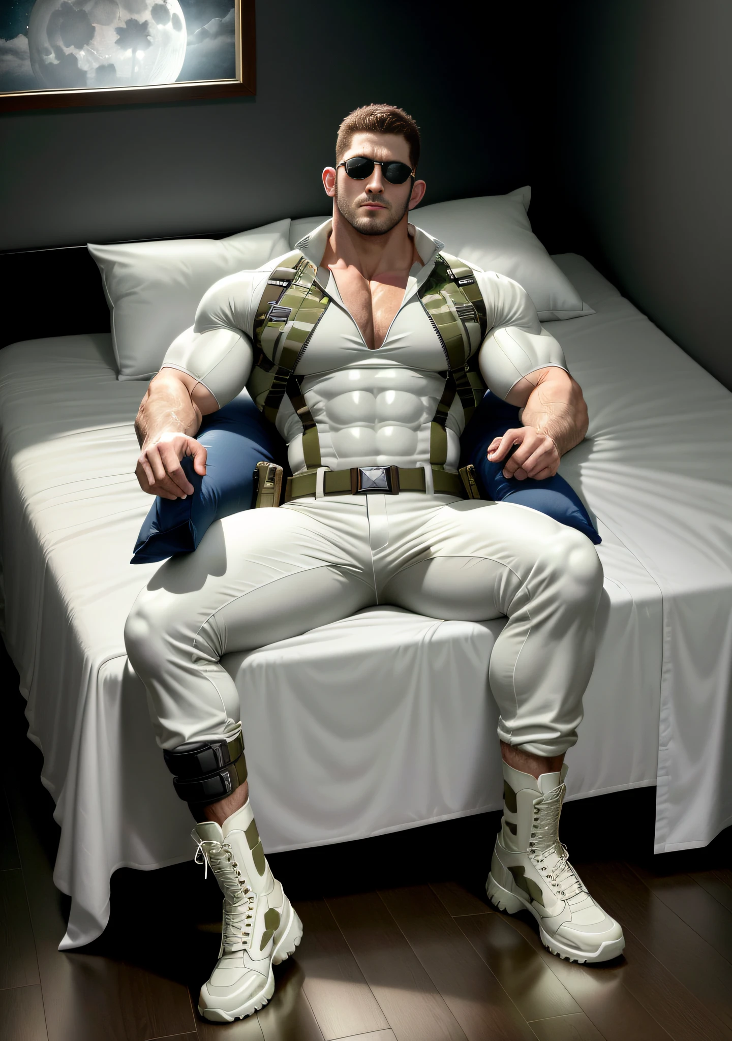 Movie promotional poster, character design (Resident Evil - Chris Redfield, Chris Redfield) wearing a handsome rice milk white camouflage suit, lying on a milky white soft big bed, sad expression, muscle male hero, heroic male pose, tall and burly, muscular! Wearing sunglasses, sexy charming muscular leg muscles, tall burly, handsome off-white camouflage suit, super gain and cool, high resolution committee, cream white combat boots, attractive strong male, bright moonlight on the body, lonely