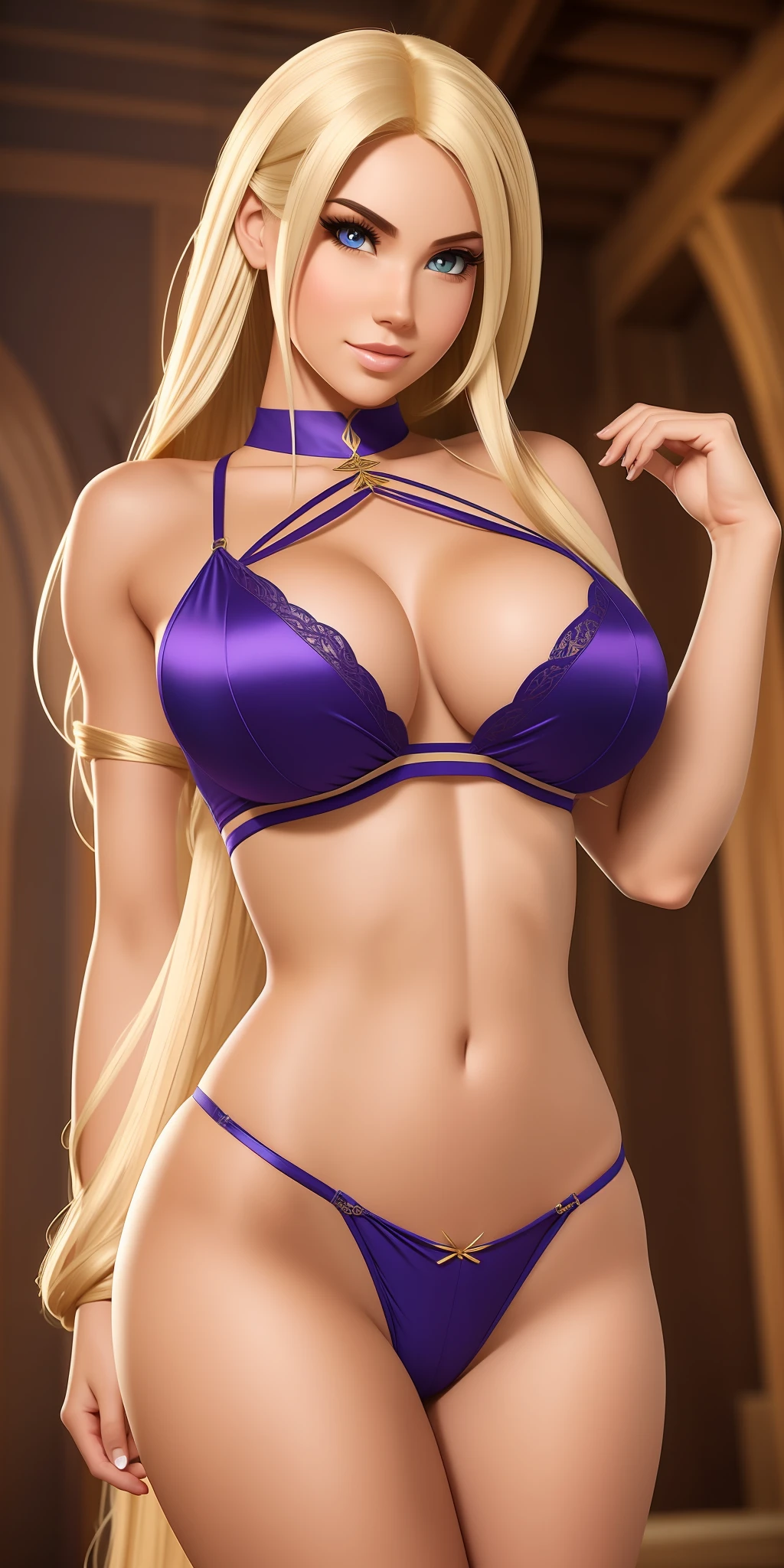 Most beautiful girl,, lush body, perfect, toned, big breasts, narrow waist wide hips, nicely detailed, Rapunzel cosplay, micro lingerie,8k