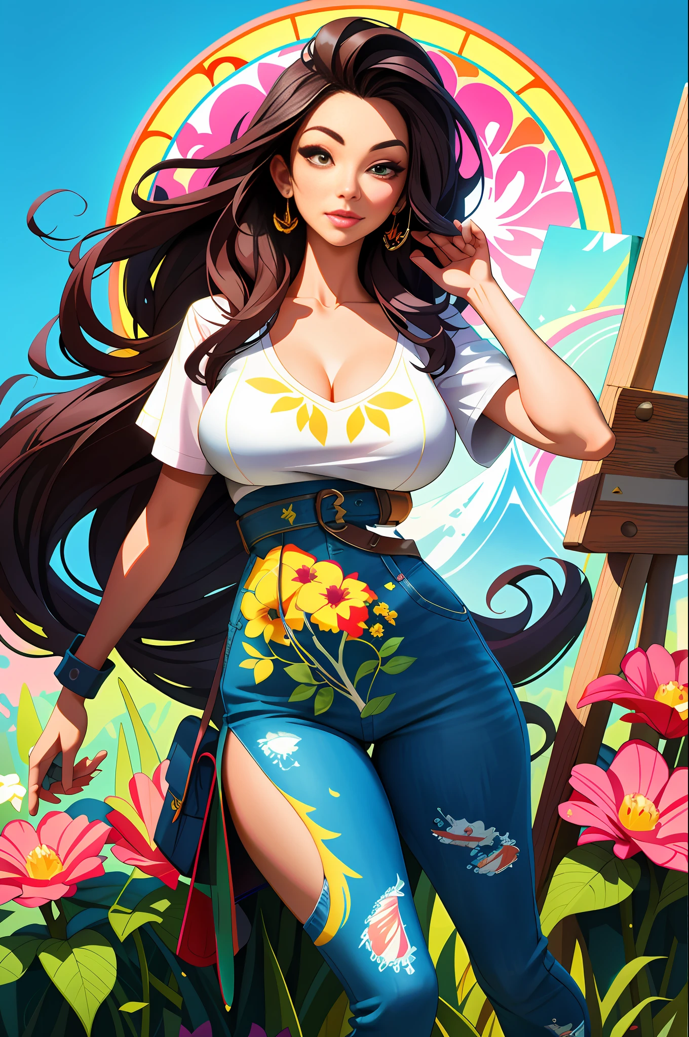 ASHLEY ALEXISS beautiful woman with long hair ultra detailed, (beautiful and clear background:1.2),, fantastic paintings ,graffit style, flowers, olhos altamente detalhados , a t-shirt or dressed in a white blouse underneath, position, with long black hair , stained glass colored, fantastic paintings by joe madureira ,high quality,photo, sticker art,beautiful woman carol nakamura with long hair , freedom, soul, digital illustration, comic style, perfect anatomy, centered, approaching perfection, dynamic, highly detailed, watercolor painting, artstation, concept art, smooth, sharp focus, illustration, art by carne griffiths and wadim kashin,,alone anime girl pose, short pastel hair ,heterochromia, perfect anatomy, centered, approaching perfection, dynamic, highly detailed, character sheet, artstation, concept art, smooth, sharp focus, illustration