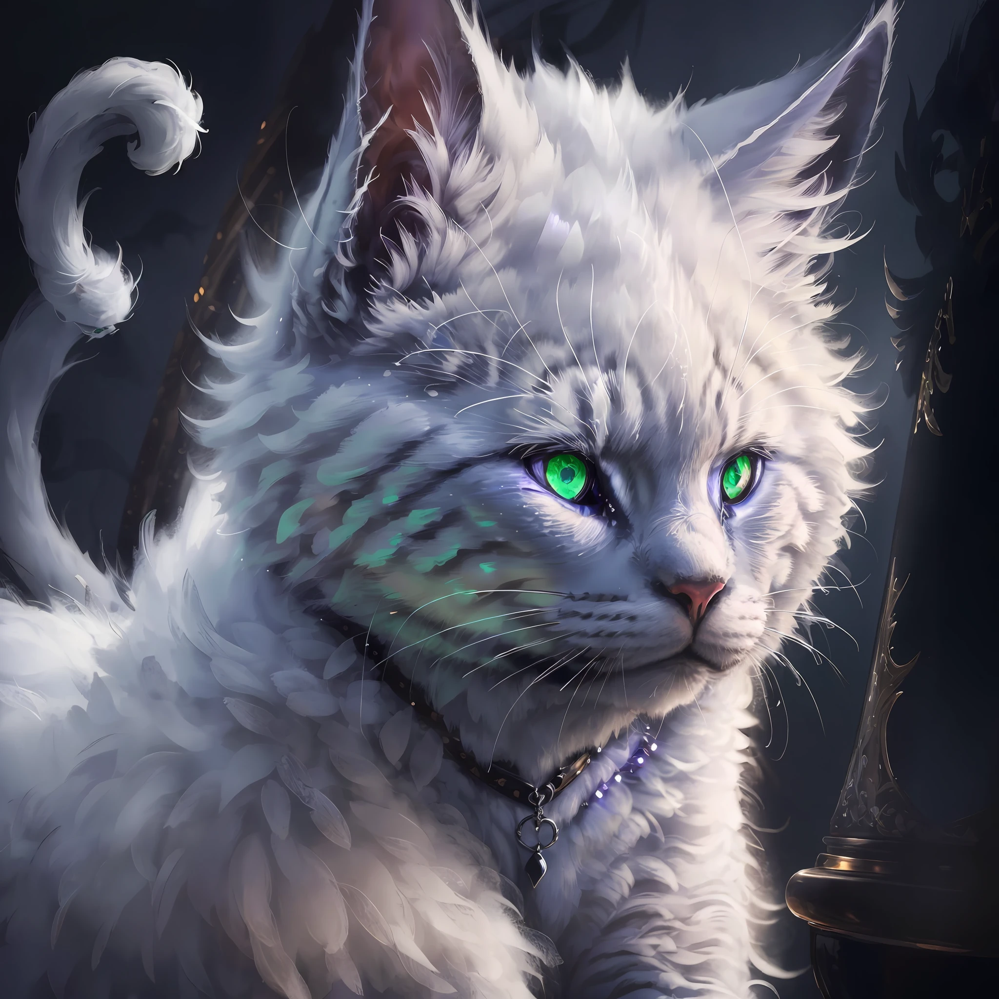 Masterpiece, best quality, dark environment, backlight, blue moon, cat, cat head, white cat hair, (white hair) (very detailed CG unified 8k wallpaper), (best quality), (best illustration), bow cat man, close-up, focused face, depth of field, blurred background, black forest, (best shadow), detailed green eyes, absurdity, realistic lighting, (abyss), fine detail, works by Peter Molbach, fog, fog, --auto --s2