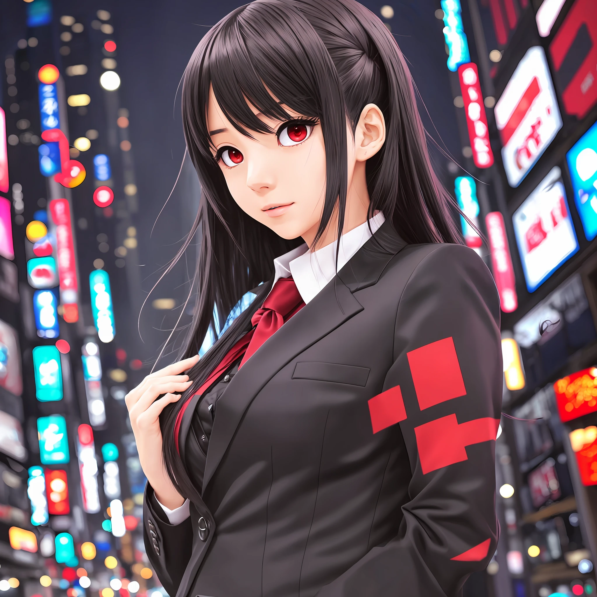 Anime, Beautiful girl in her 20s, Black straight hair, Wearing a suit, Red eyes, Background: Tokyo at night