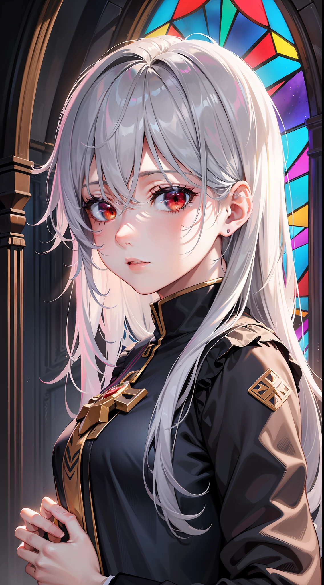 Unity 8k wallpaper, fine details, ultra detail, beautiful aesthetic, beautiful, masterpiece, best quality, (young woman), viewer view, super resolution, ultra hd, realistic, noise removal, noise removal, stained glass background, mysterious, gray hair, red eyes, priest, messenger of God,