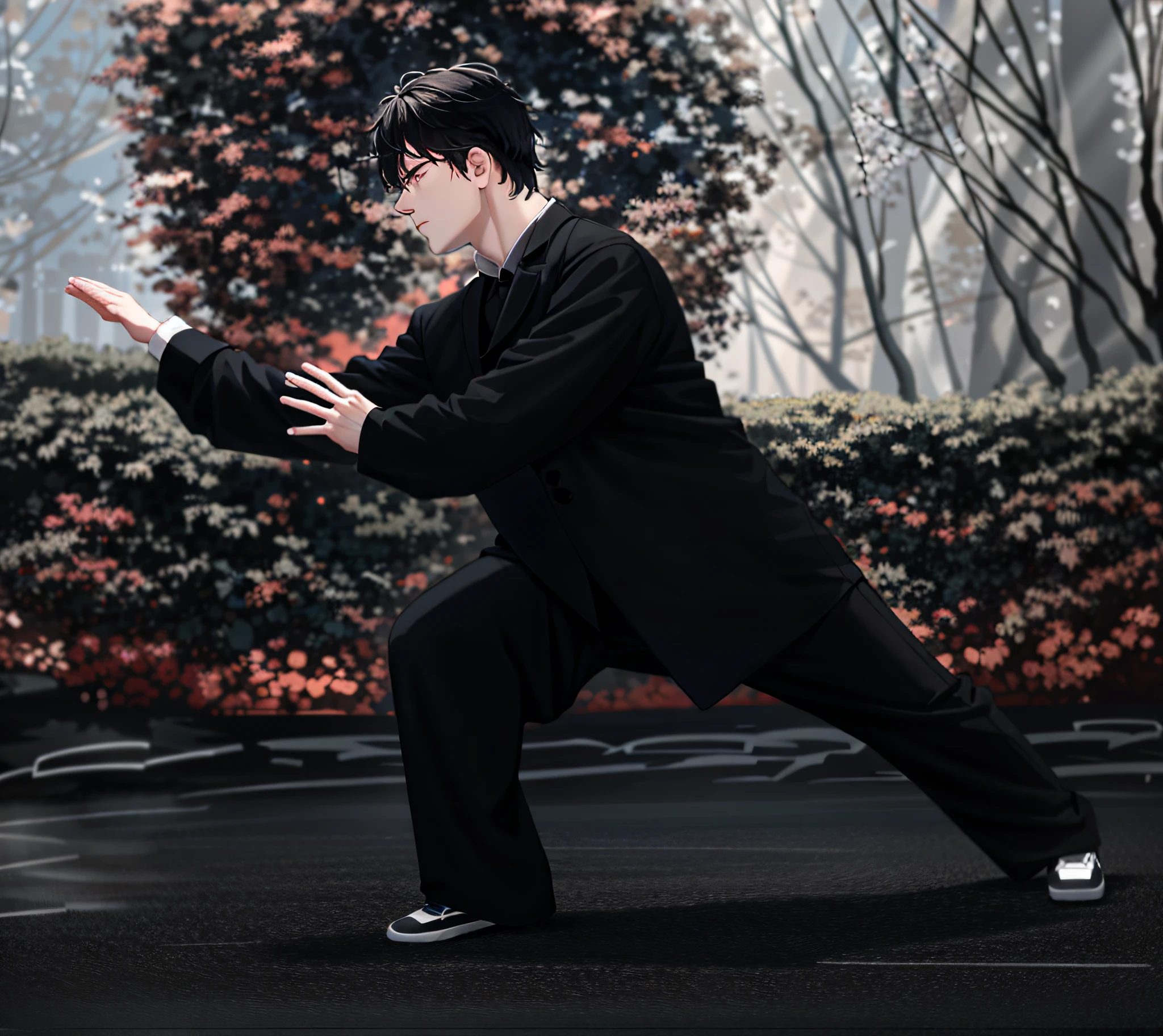 There is a man in a black suit doing Tai Chi pose, Changquan, Tai Chi, inspired by Cheng Zhengkui, fighting pose, martial arts pose, inspired by Xiang Shengmo,