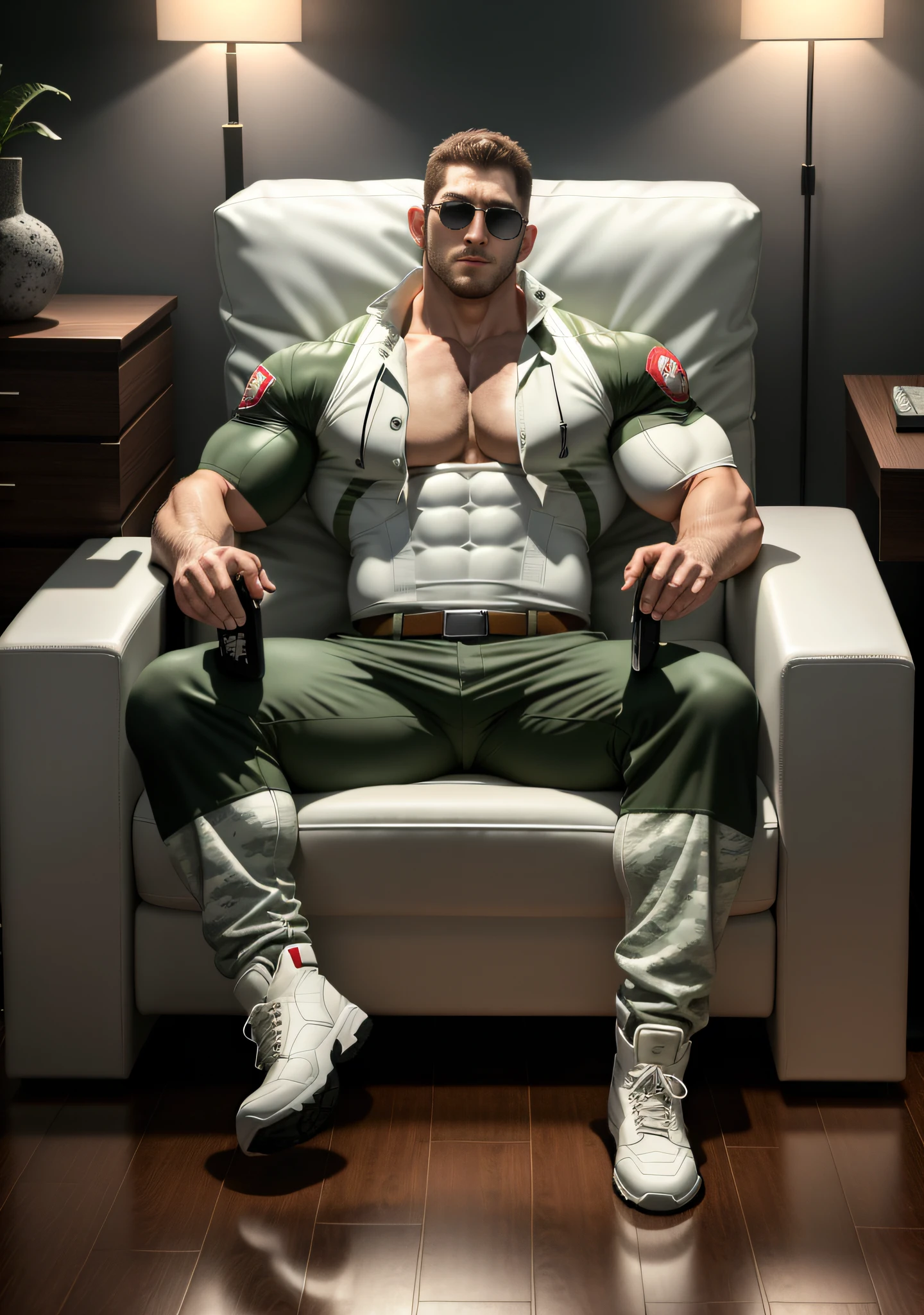 Movie promotional poster, character design (Resident Evil - Chris Redfield, Chris Redfield) wearing handsome rice milk white camouflage suit, lying on a milky white soft sofa massage chair, sad expression, muscle male hero, heroic male pose, tall burly, muscular! Wearing sunglasses, sexy charming muscular leg muscles, tall burly, handsome off-white camouflage suit, super gain and cool, high resolution committee, cream white combat boots, attractive strong male, bright moonlight on the body, lonely