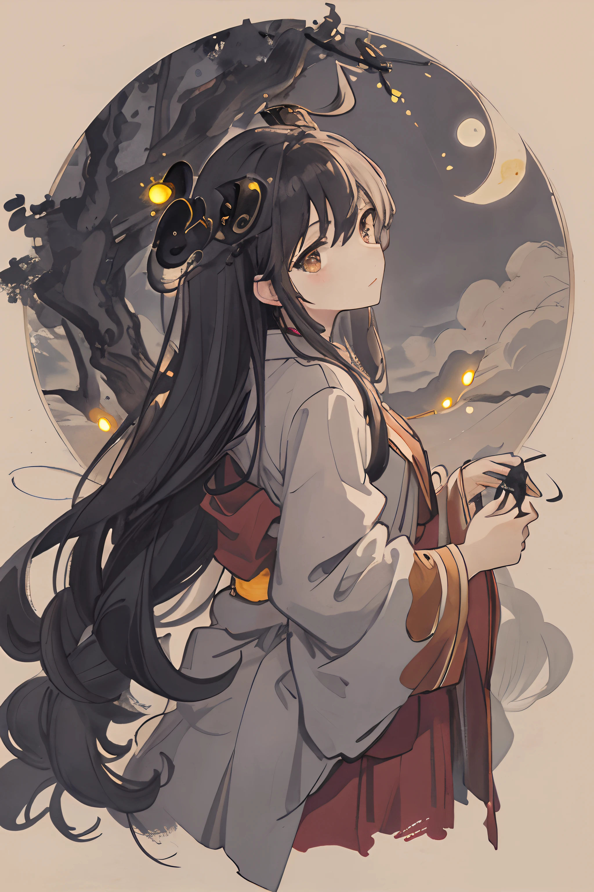 masterpiece, best quality, night, hill, clouds, full moon, long hair, woman, silhouette, fireflies.