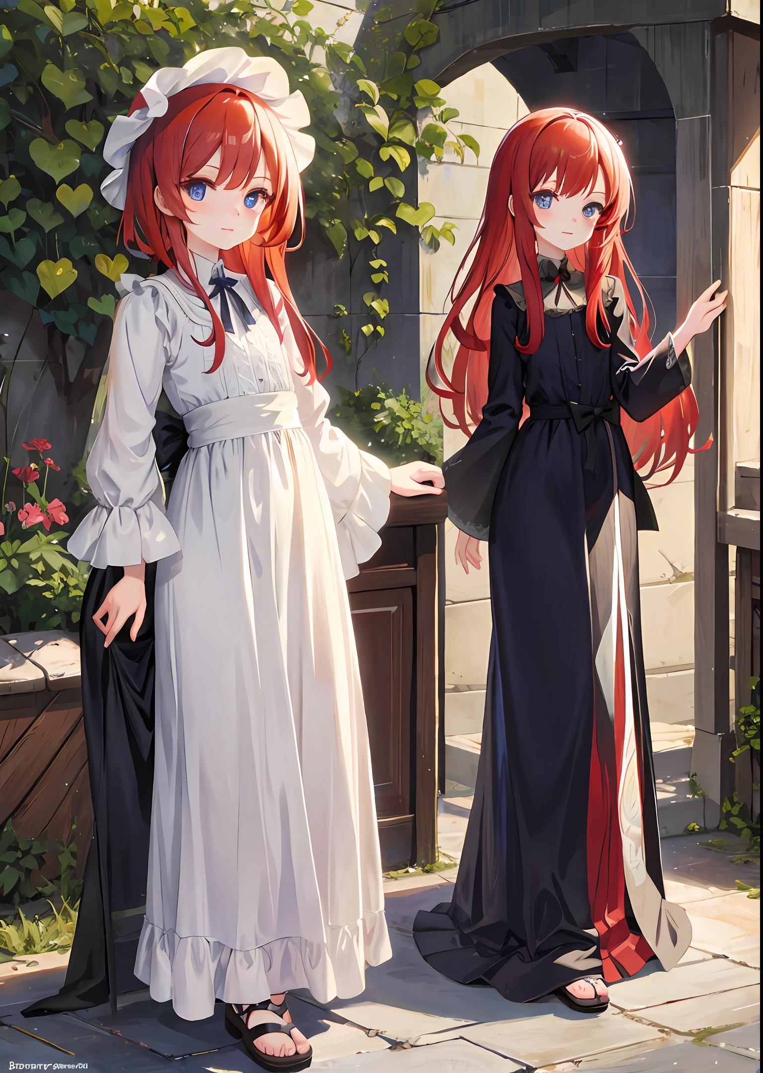 Masterpiece, long dress, anime, perfect anatomy, , happy, detailed eyes, tiny, redhead,