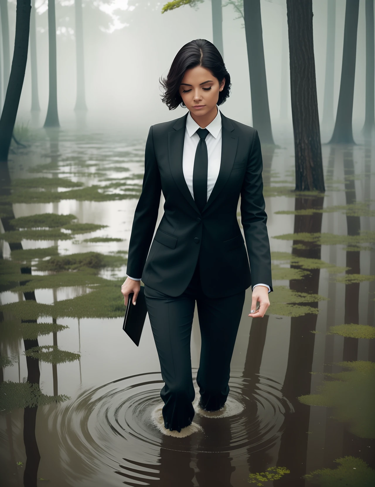 A tired beautiful woman wearing a black suit and tie, holding a briefcase, walking in a flooded mossy swamp, waist-deep water