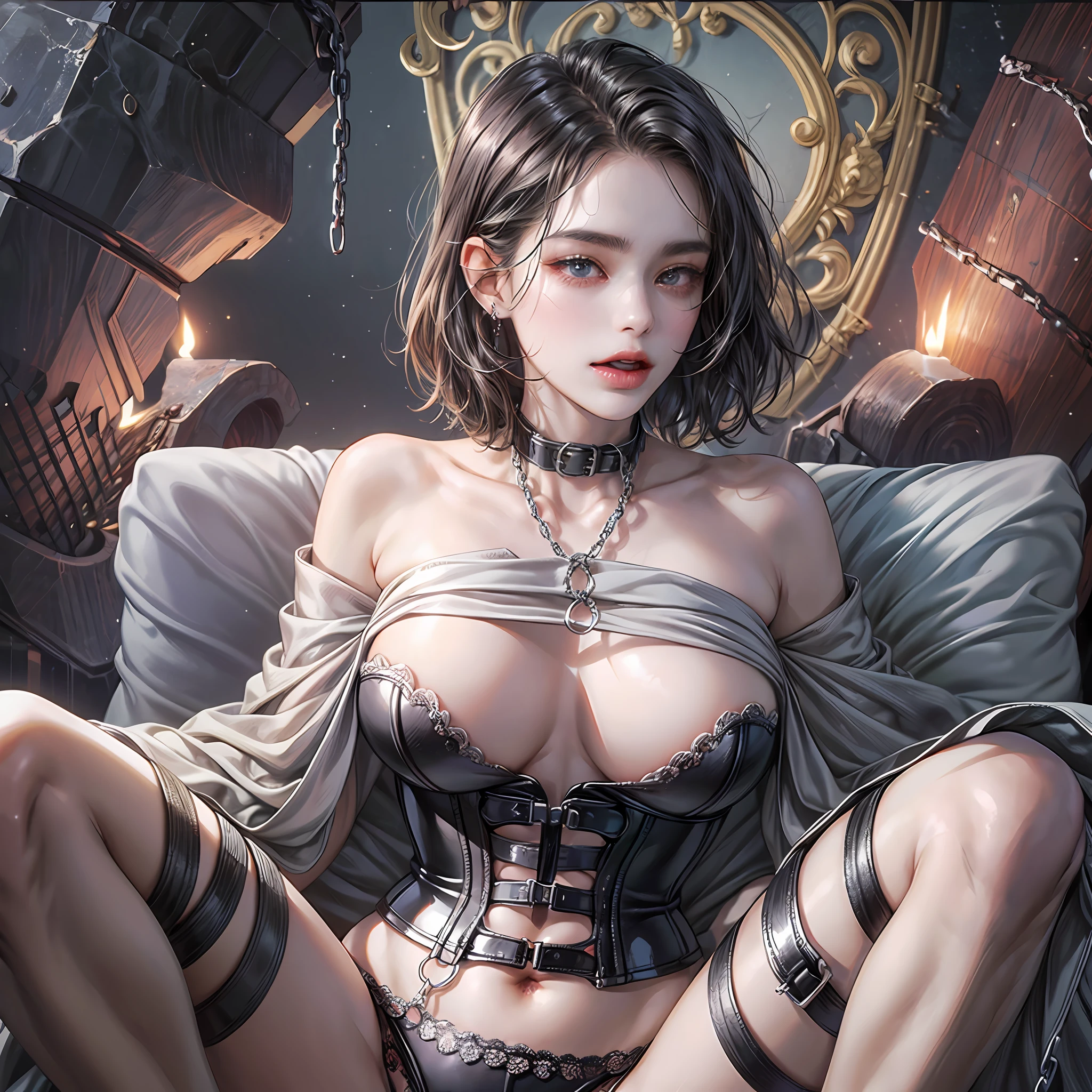 Seductive face, confused eyes, flushed complexion, spit out long tongue, BDSM, slave, gummy corset, bondage, collar, dog chain collar, ((best quality, 8k, masterpiece: 1.3))), clear focus: 1.2, (layer cut, large: 1.2), young woman with perfect plump body: 1.4, slender abs: 1.2, wet body : 1.5, Highly detailed face and skin texture, detailed eyes, double eyelids, short black hair, squat, split legs, hands bie, water dripping between legs, woman body definition, short underwear, short panties: