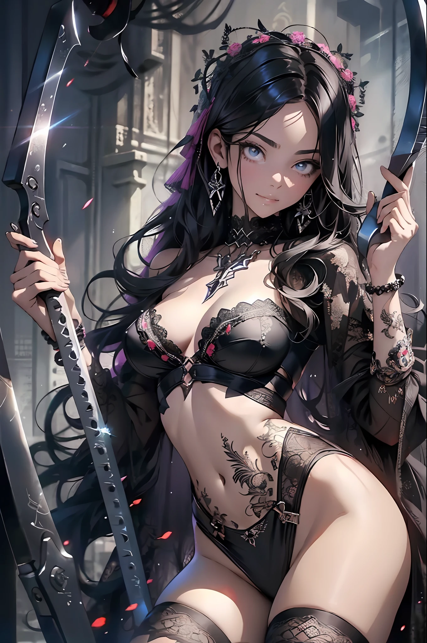 (((BLACK HAIR, [PERFECT REALISTIC EYES]))), (((HOLDING A SCYTHE IN HANDS,)))ultra realistic 8k CG, perfect face, flawless, clean, masterpiece, professional artwork, famous art, cinematic lighting, cinematic flower, perfect face, beautiful face, beautiful eyes, (((perfect female body, narrow waist))), GOTHIC, real, SINISTER, BLACK HOOD, WIDE SMILE, (DARK SETTING), fantasy, MACABRO, unreal, science fiction, (huge breasts),  BLACK clothes, lace, lace trim, lace legwear, , breasts out, absurdly long hair, very long hair, (rich: 1.4), SKULLS AROUND, intricate detail, delicate pattern, sexyarming, seductive, seductive, erotic, charming, hair ornament, necklace, earrings, bracelet, armband, looking at the viewer
