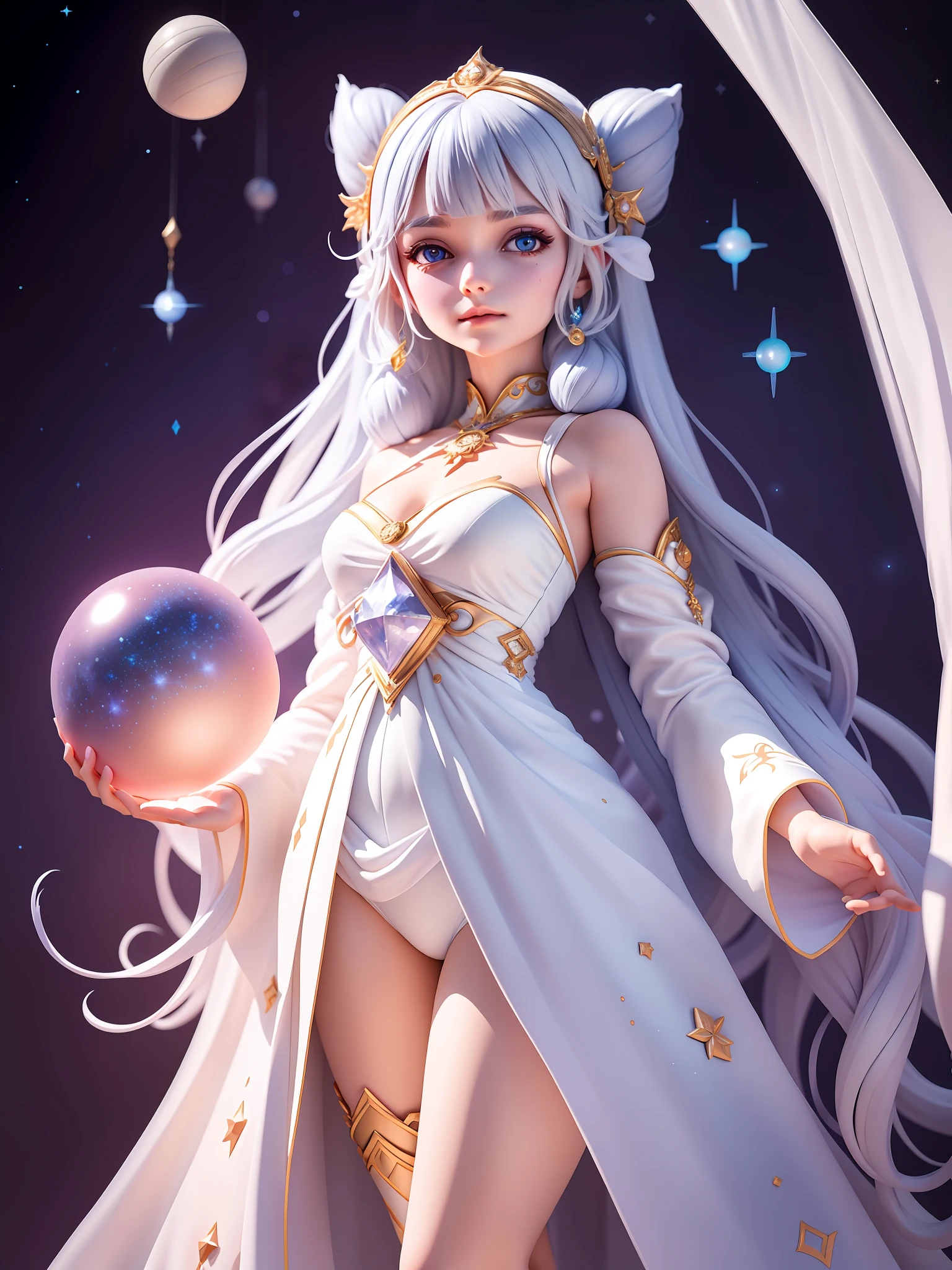 She is a charming two-dimensional maiden astrologer dressed in gorgeous robes. She has large, bright eyes with thick and slender eyelashes. Her face is slightly sweet, her nose is small and delicate, and her lips are slightly raised. Her long hair fell down the shoulders, showing a soft texture, and the color of her hair was bright silver white. Her costumes are themed around the starry sky, and her robes are white with twinkling star motifs. The hem of the robe is trimmed with delicate silver edges, adding to her mysterious temperament. She wears a silver bracelet on her arm, which is set with glowing gemstones and emits a faint glow. Standing in front of a white background, she stands straight and confident. The right hand gently stroked the crystal ball in his hand, and the transparent sphere shimmered with various colors of starlight. Her expression is focused and gentle, exuding an air of wisdom and mystery.