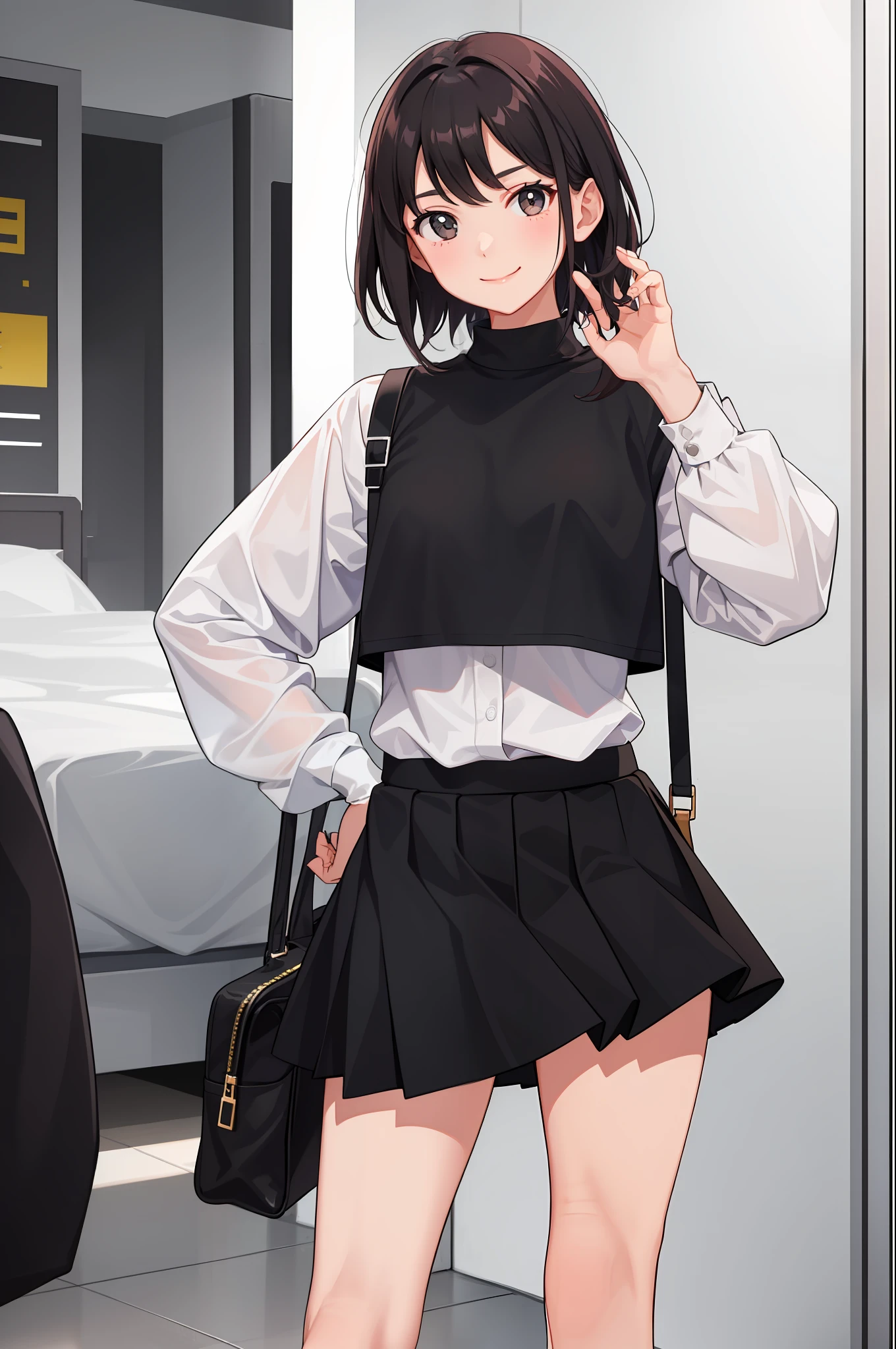 1 girl, smile, shirt, skirt, (small) chiralism,