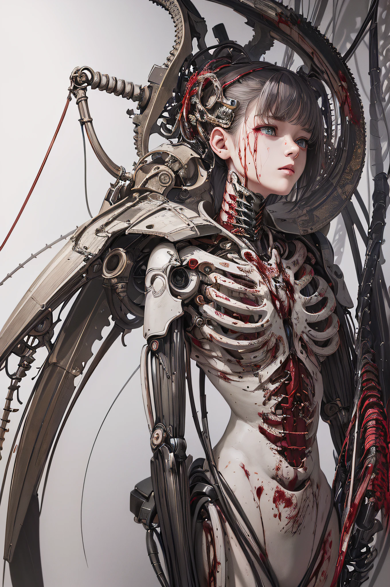 (masterpiece, top quality, best quality, official art, beautiful and aesthetic:1.2), (1girl:1.3), extreme detailed,colorful,highest detailed ((ultra-detailed)), (highly detailed CG illustration), ((an extremely delicate and beautiful)),(from side),cinematic light,((1mechanical girl)),solo,full body,(machine made joints:1.2),((machanical limbs)),(blood vessels connected to tubes),(mechanical vertebra attaching to back),((mechanical cervial attaching to neck)),(sitting),expressionless,(wires and cables attaching to neck:1.2),(wires and cables on head:1.2)(character focus),science fiction,white background,(blood:1.5)