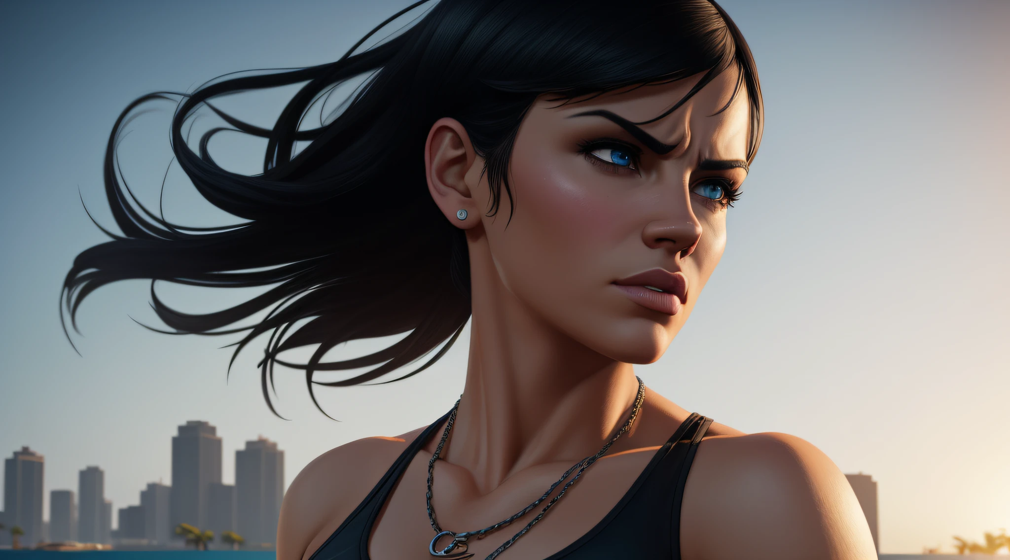 ((gta v style)), ((gta v wallpaper style)), ((gta v artwork)), realistic, photorealistic, cinematic, cinematic lights, dark colors, volumetric lights, reflections, dramatic, ultra detailed, modern, ((masterpiece)), close on the face, background embassado, faint colors, beautiful, sexy woman, solo, blue eyes, short hair, black chanel hair, hair in the wind, light age marks, slim body fitness, angry face,  pink bikini, beach.