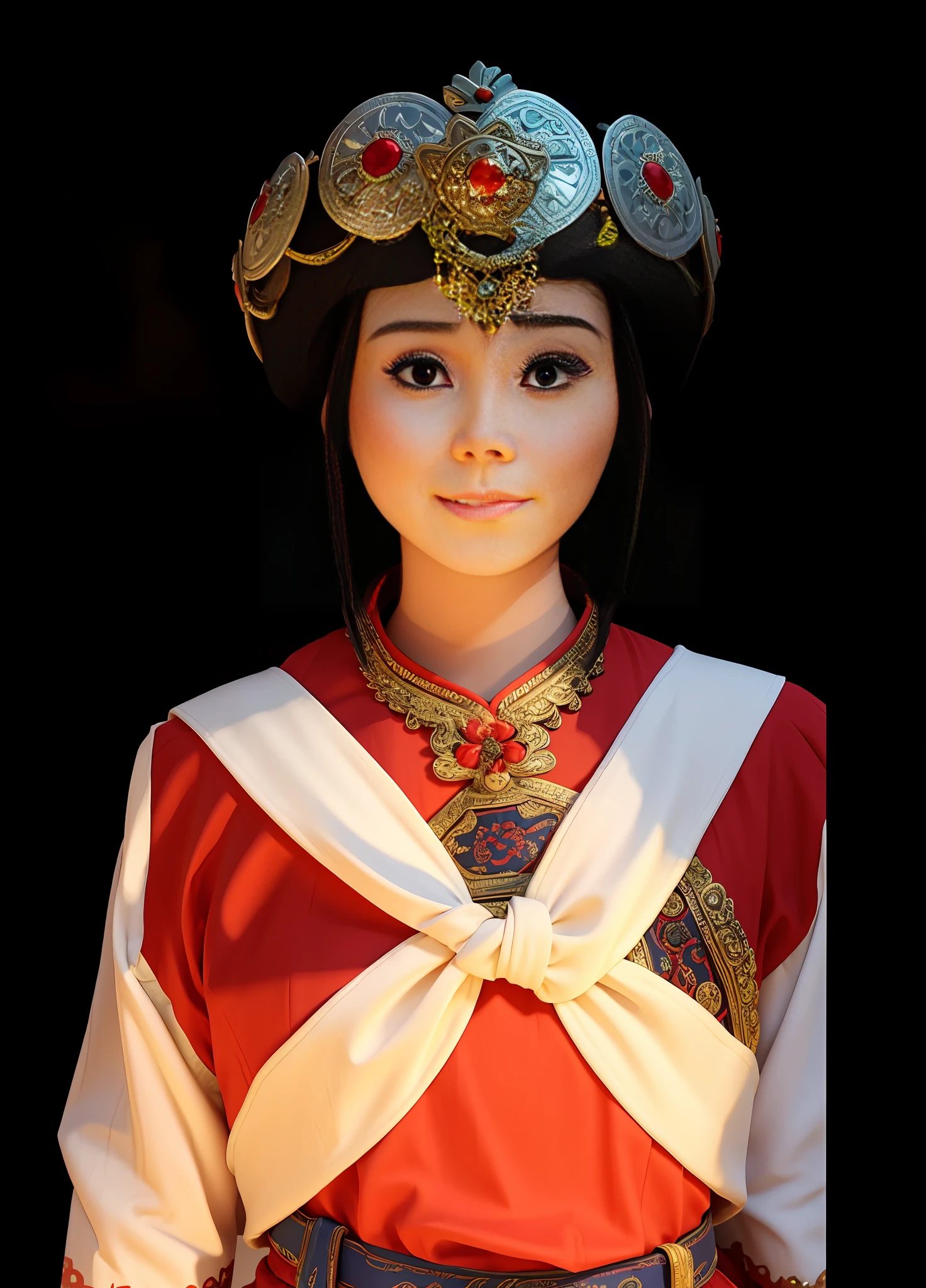 arafed woman in a red and white dress with a crown on her head, with acient chinese clothes, chinese costume, inspired by Miao Fu, traditional chinese, inspired by Guo Xi, wearing ancient chinese clothes, inspired by Xu Xi, traditional tai costume, a young woman as genghis khan, inspired by Dai Xi, traditional chinese clothing