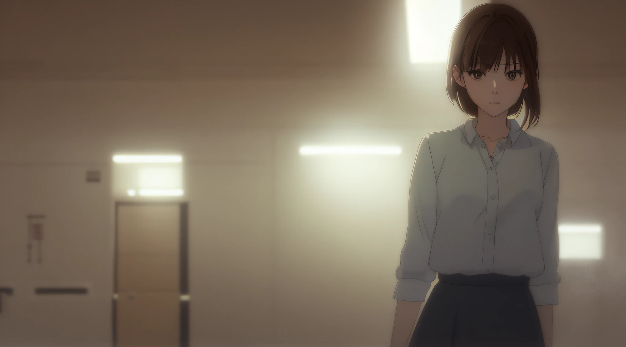 Detailed and perfect anime style illustration, brown short hair, very cute young woman, perfect round eyes, female focus, solo, wearing gray shirt and gray long skirt. Daydream, dramatic and fantastic foggy mysterious background, background blurred, dramatic lighting Makoto Shinkai