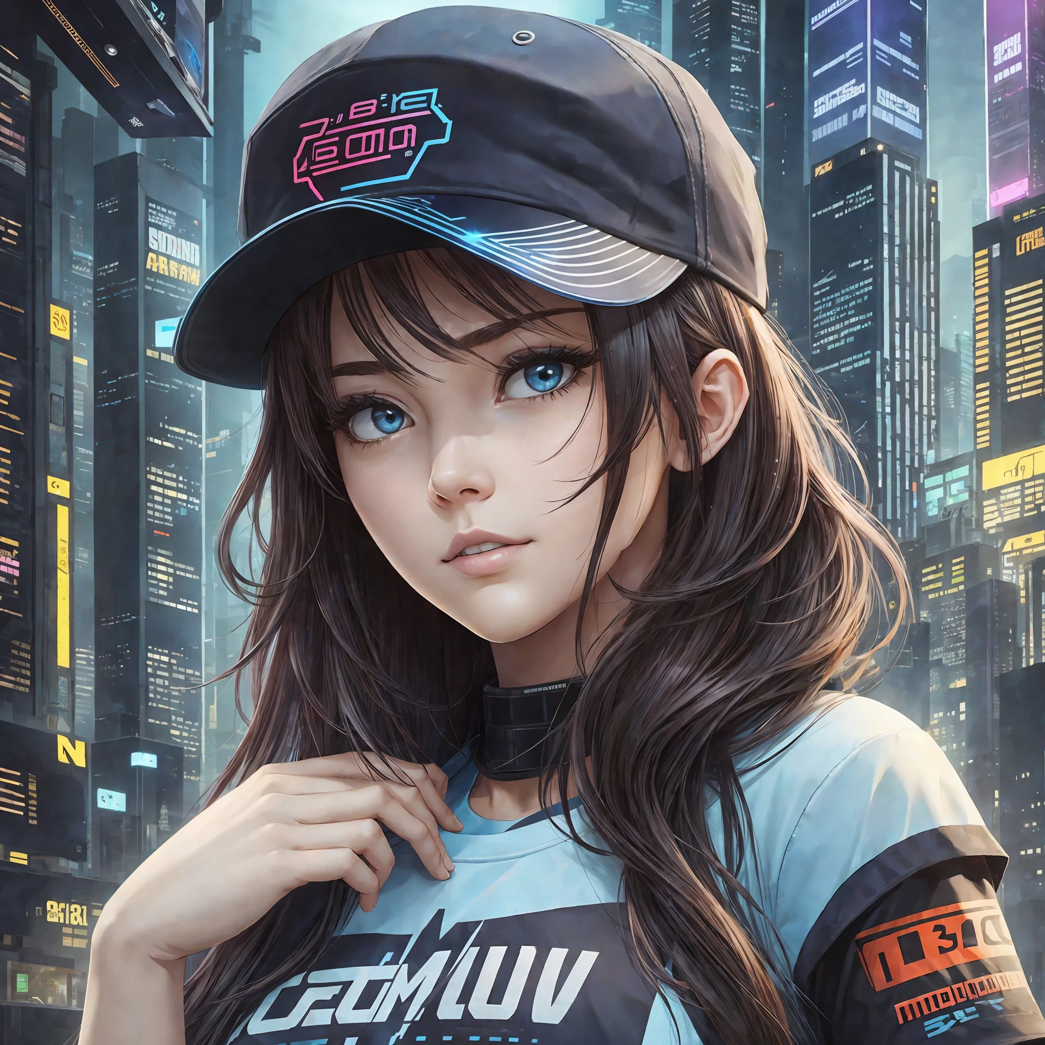 Beautiful woman medium hair, wearing cap, medium clothes, t-shirt, cyberpunk style --auto --s2
