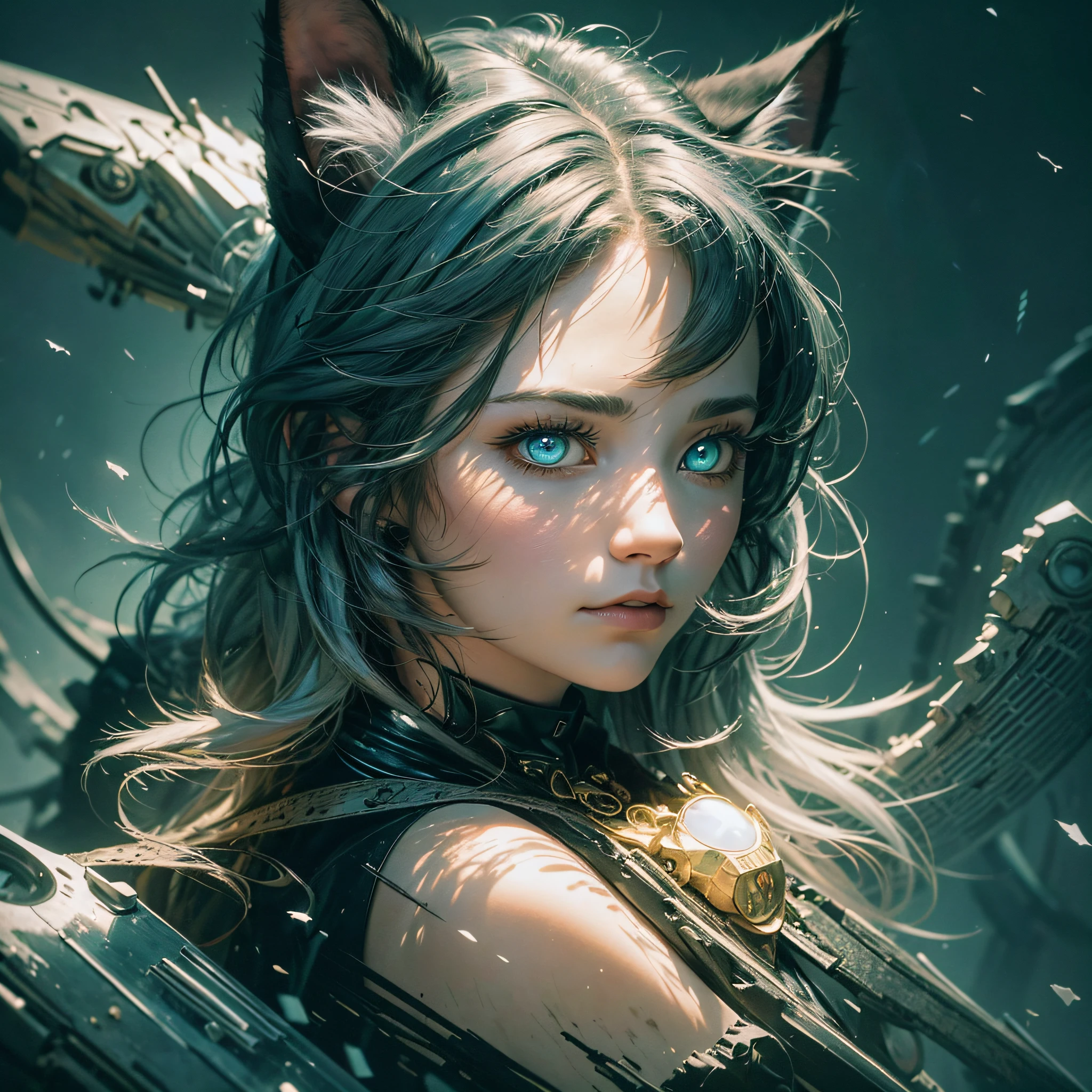 Masterpiece, best quality, dark environment, backlight, blue moon, cat, cat head, white cat hair, (white hair) (very detailed CG unified 8k wallpaper), (best quality), (best illustration), bow cat man, close-up, focused face, depth of field, blurred background, black forest, (best shadow), detailed green eyes, absurdity, realistic lighting, (abyss), fine detail, works by Peter Molbach, fog, fog, --auto --s2