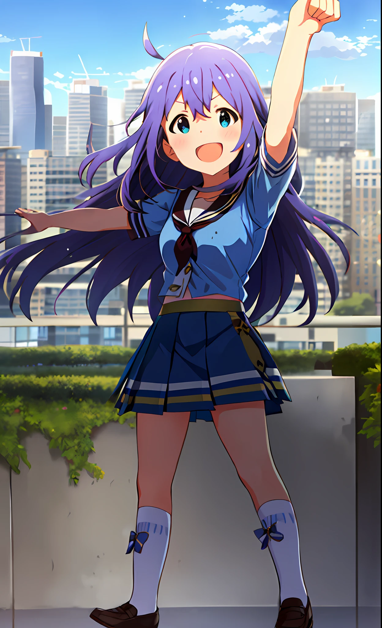 Anna Mochizuki (Million Live), Shiny Trinity \ (Costume), (Best Quality, 8K, Masterpiece, Super Detail: 1.2), Sea, Sun, Mottled Sunlight, Blue Sky, Beautiful Clouds, 1 Girl, Solo, Skirt, Smile, Open Mouth, V, Watch Viewer, White Sailor Color, Blue Shirt, Sailor Color, Blue Skirt, Pleated Skirt, Short Sleeve, :d, Shirt, School Uniform, Blush, Serafuk, Clavicle, bow, ribbon, blue bow. (((Outside))). (((fighting stance))).,((((Giantization))).dynamic focus.small breasts. (((skyscrapers))). (((Cityscape))). (((Face of sadness))). Open mouth. Spread your arms.