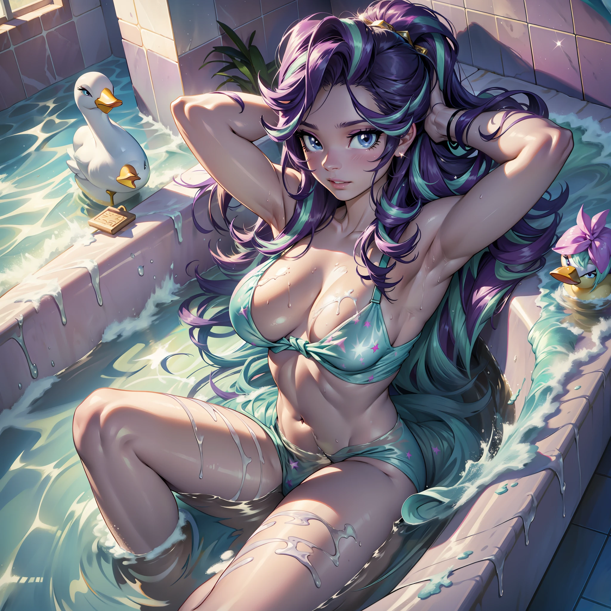 Starlight Glimmer, Starlight Glimmer from My Little Pony, Starlight Glimmer as a girl, long hair, Luxurious hair, Lush hair, lying in the bathroom, big breasts, Bulky breasts, Lush breasts, naked, legs apart, lots of soap foam, bathroom, rubber duck, washcloth, soap, wet hair, waist-deep in water, soap foam everywhere, steam, bathing