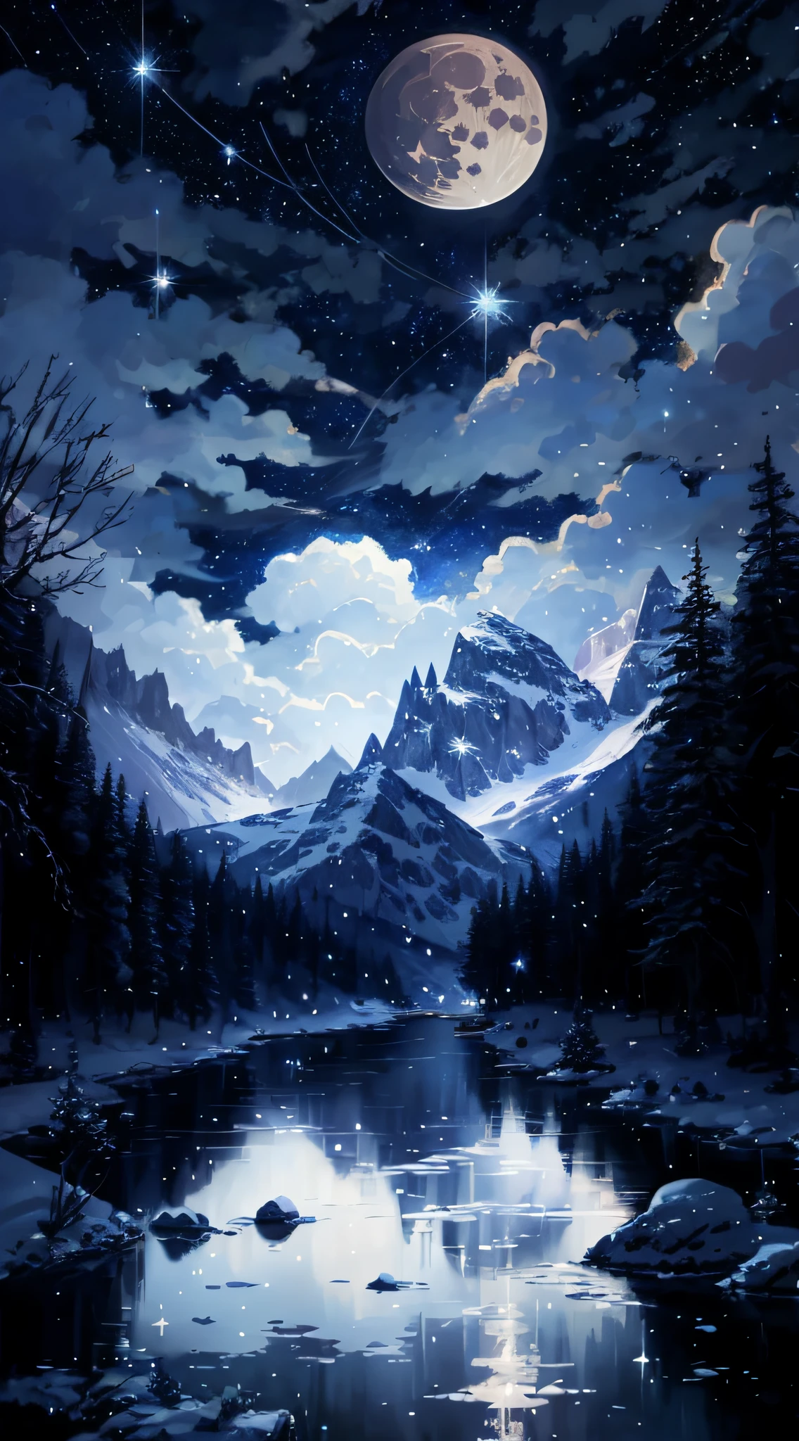 Starry sky night view with alpine lake and full moon, 4K highly detailed digital art, night nature landscape, beautiful art UHD 4 K, detailed painting 4 K, fantasy landscape painting, beautiful digital painting, anime landscape wallpaper, highly detailed digital painting, snow mountain background, landscape artwork, high quality digital painting, epic beautiful landscape