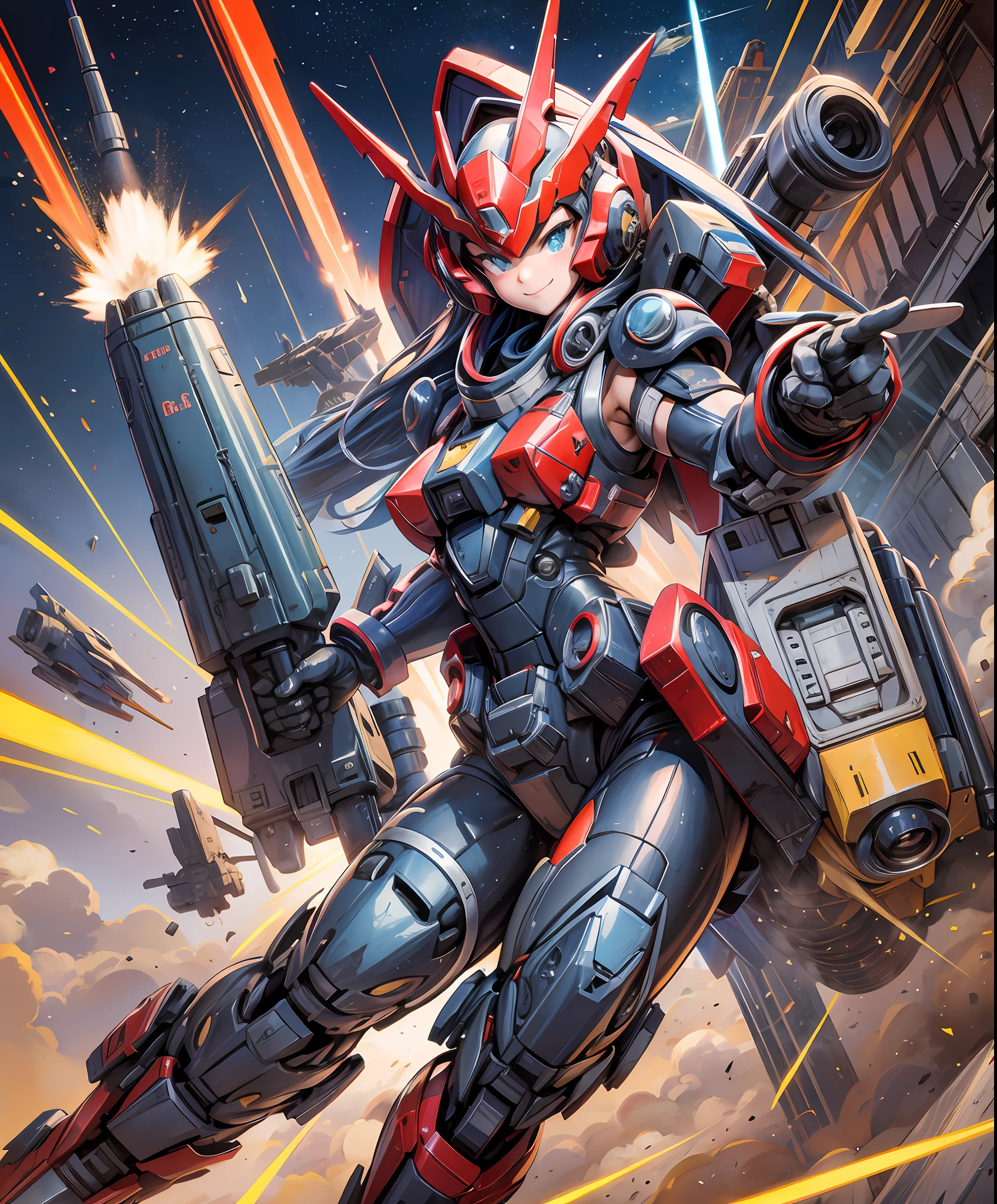 (Rocket Launcher: 1.3), (Blast Town: 1.2), Squadron, Rocket Launcher Shoulder Mount, Rocket Launcher Strikes Pose, Shy Face, Girl, Hero Costume, Ally of Justice, Transform into a Hero, (Blast Town: 1.2), Cute, Masterpiece, High Definition, 16k, Illustration, Detailed Hands, Detailed Feet, Wide Angle, Full Body, Smile