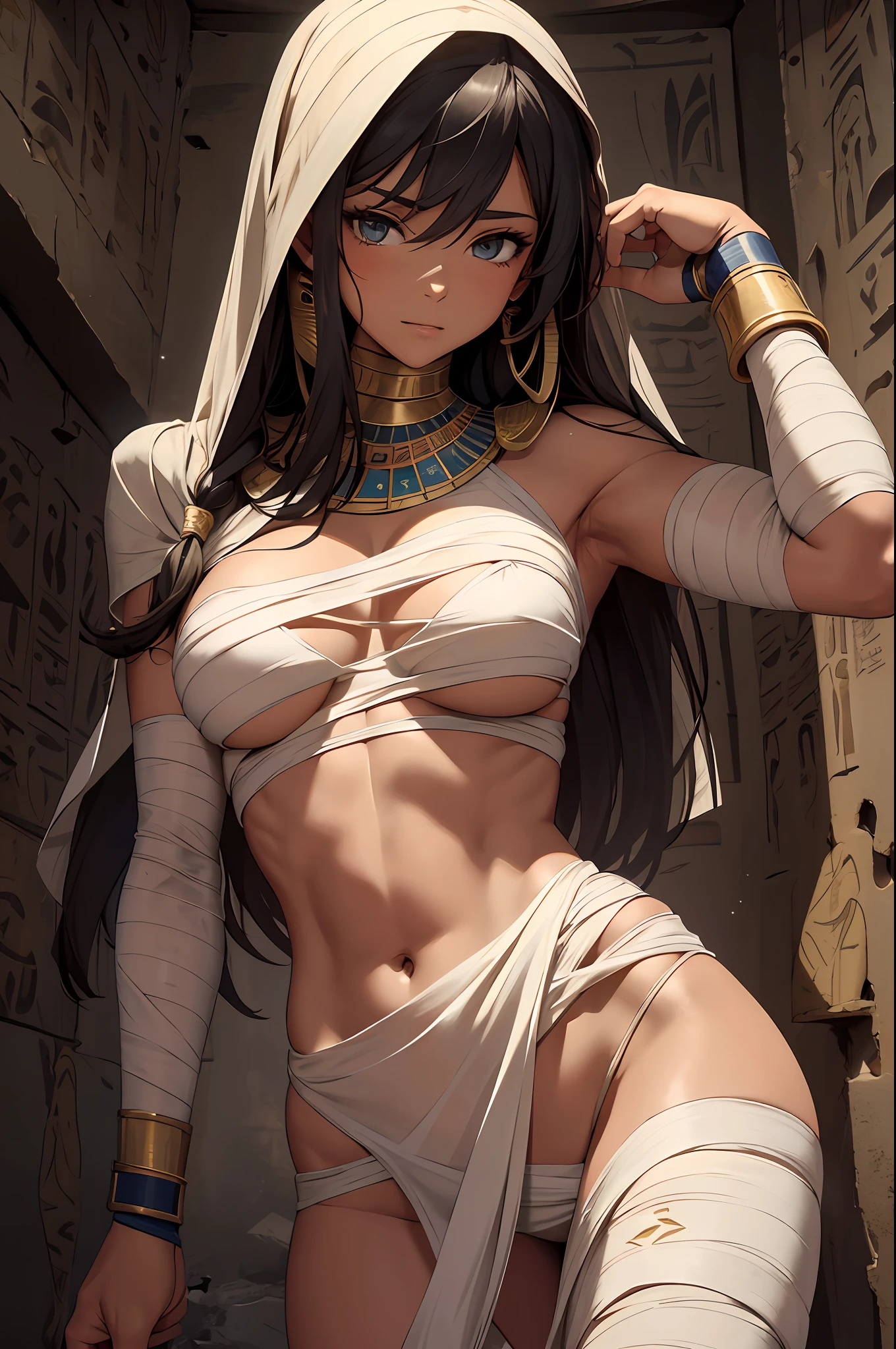 best quality, masterpiece, beautiful Egyptian mummy, tomboy, small boobs, cleavage, ((loosely wrapped in tattered bandages)), muscular, sexy, seductive, inside Egyptian tomb, hieroglyphs, ornaments, light particles