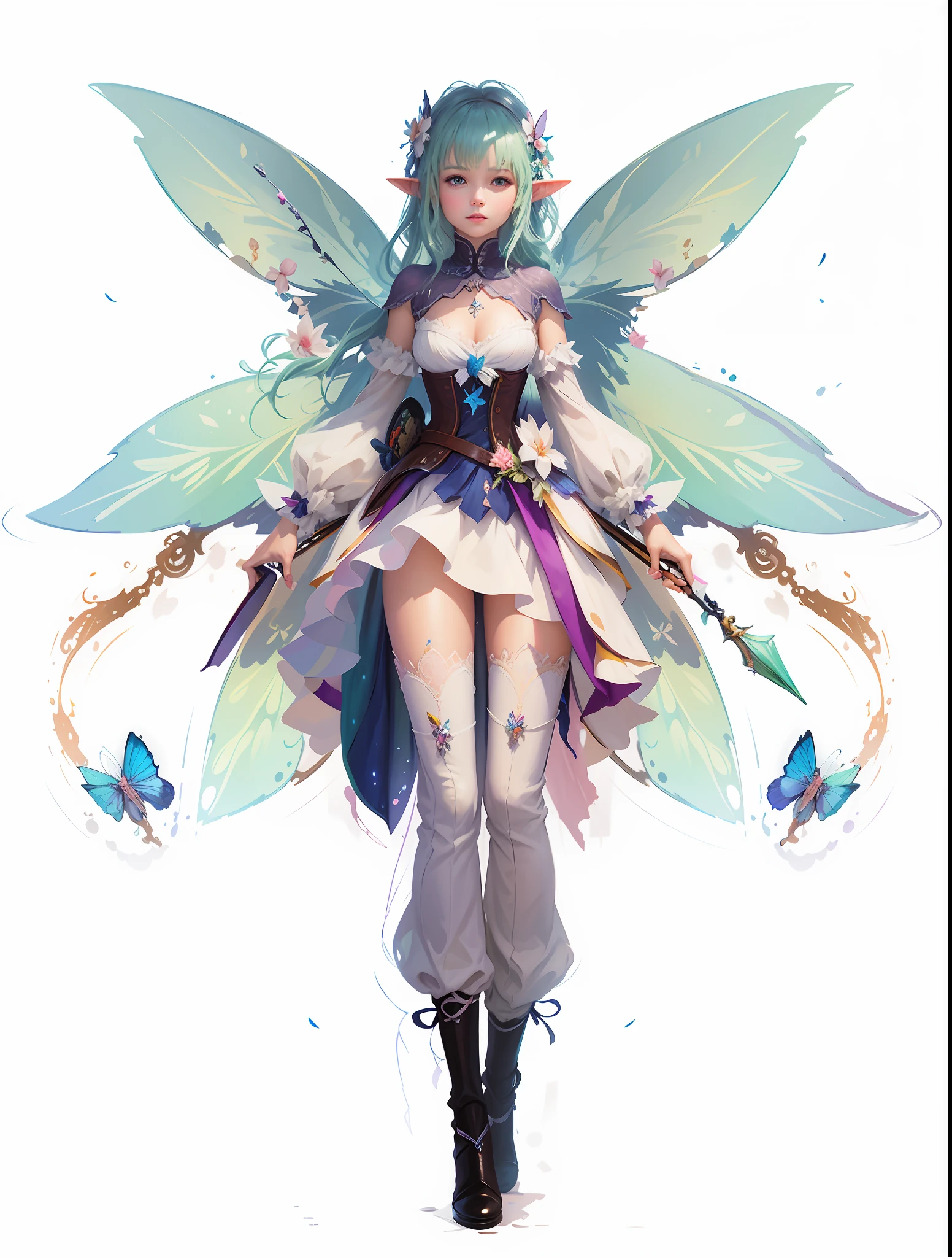 Best quality, masterpiece, super high resolution, (realism: 1.4), original photo, 1girl, movie lighting, style illustration of fairy with butterfly wings and dress, anime fantasy illustration, astral fairy, fairy, elf character, lace, yarn, butterfly wings, brilliant and colorful, perfect female, princess