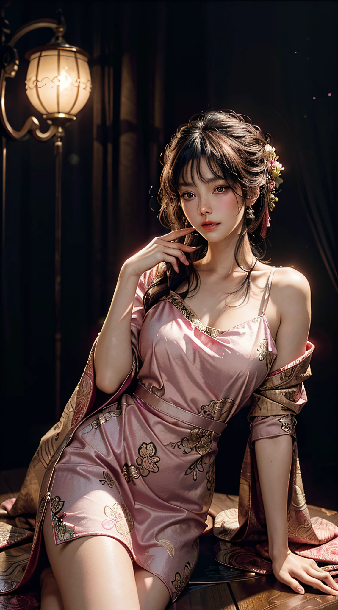 The art depicts a charming woman dressed in a flowing, silky traditional oriental dress, pink, decorated with intricate patterns and bright colors. Her dress drapes elegantly over her curvy figure, accentuating her seductive silhouette. She stood gracefully in the quiet moonlit night, bathed in the soft glow of the moonlight. The scene exudes an ethereal and dreamy atmosphere, with a touch of mystery and sexiness. The graphic style blends watercolor and digital illustration techniques to evoke a refined beauty and charm. The lights are filled with soft moonlight, casting soft highlights and shadows on her charming features. Bare thighs, big breasts