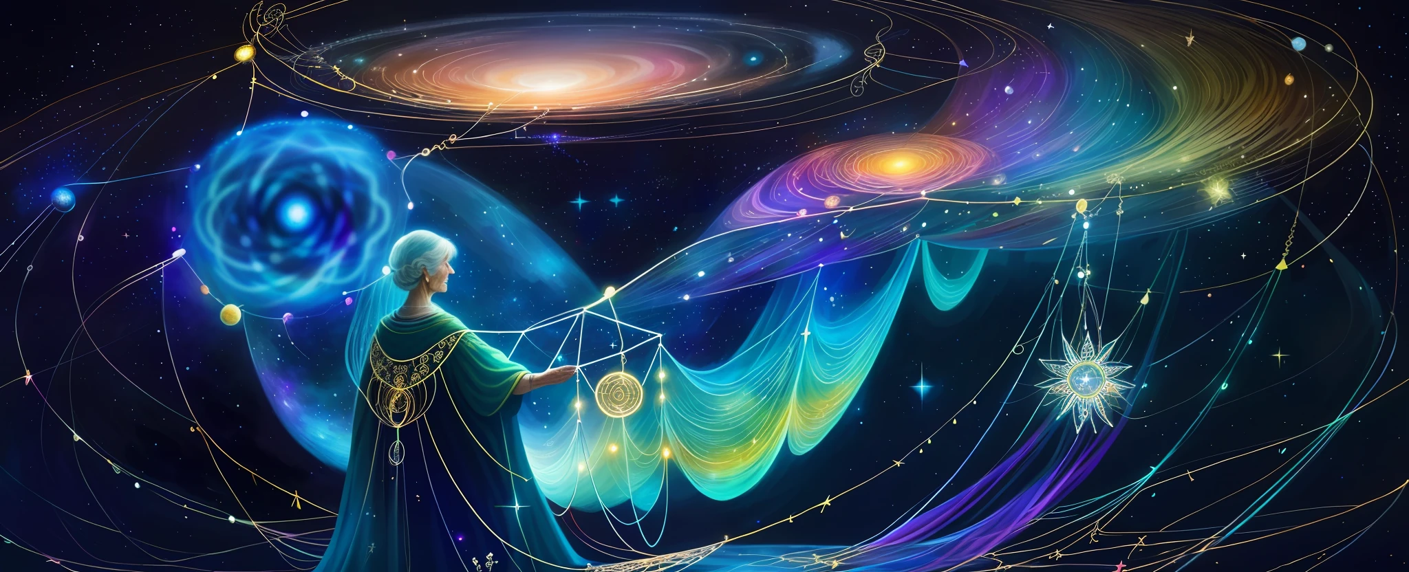 “Your challenge is to create a stunning visual representation of the cosmos and how it connects us to our dreams. Start by illustrating the vast expanse of space, complete with a magnificent array of constellations twinkling above. As the illustration descends, the stars gradually transform into delicate strands of light string, each one connected to a unique and intricate dream. In the center of the drawing, an elderly woman with a calm demeanor carefully threads the light strings through a machine, weaving them together into an ornate and enchanting dreamcatcher. This illustration should be a stunning testament to the power of cosmic energy and how it can inspire us to achieve our wildest dreams. Let your creativity shine as you bring this beautiful and thought-provoking vision to life.”