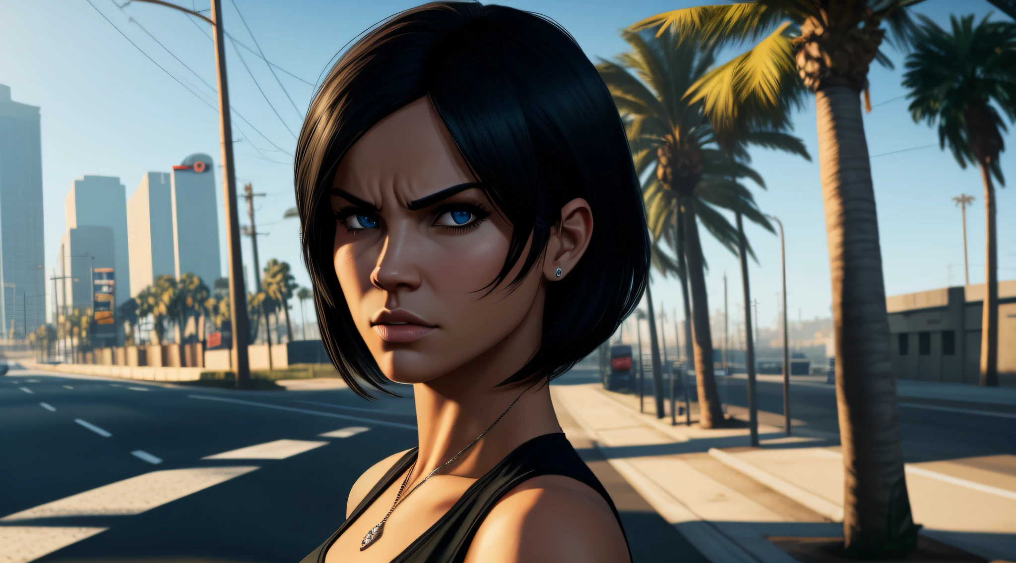((gta v style)), ((gta v wallpaper style)), ((gta v artwork)), realistic, photorealistic, cinematic, cinematic lights, dark colors, volumetric lights, reflections, dramatic, ultra detailed, modern, ((masterpiece)), close on the face, background embassado, faint colors, beautiful, sexy woman, solo, blue eyes, short hair, black chanel hair, hair in the wind, light age marks, slim body fitness, angry face, city, tropical trees.