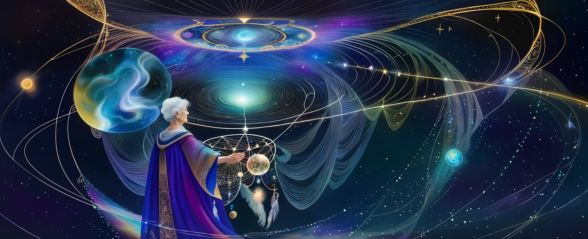 “Your challenge is to create a stunning visual representation of the cosmos and how it connects us to our dreams. Start by illustrating the vast expanse of space, complete with a magnificent array of constellations twinkling above. As the illustration descends, the stars gradually transform into delicate strands of light string, each one connected to a unique and intricate dream. In the center of the drawing, an elderly woman with a calm demeanor carefully threads the light strings through a machine, weaving them together into an ornate and enchanting dreamcatcher. This illustration should be a stunning testament to the power of cosmic energy and how it can inspire us to achieve our wildest dreams. Let your creativity shine as you bring this beautiful and thought-provoking vision to life.”