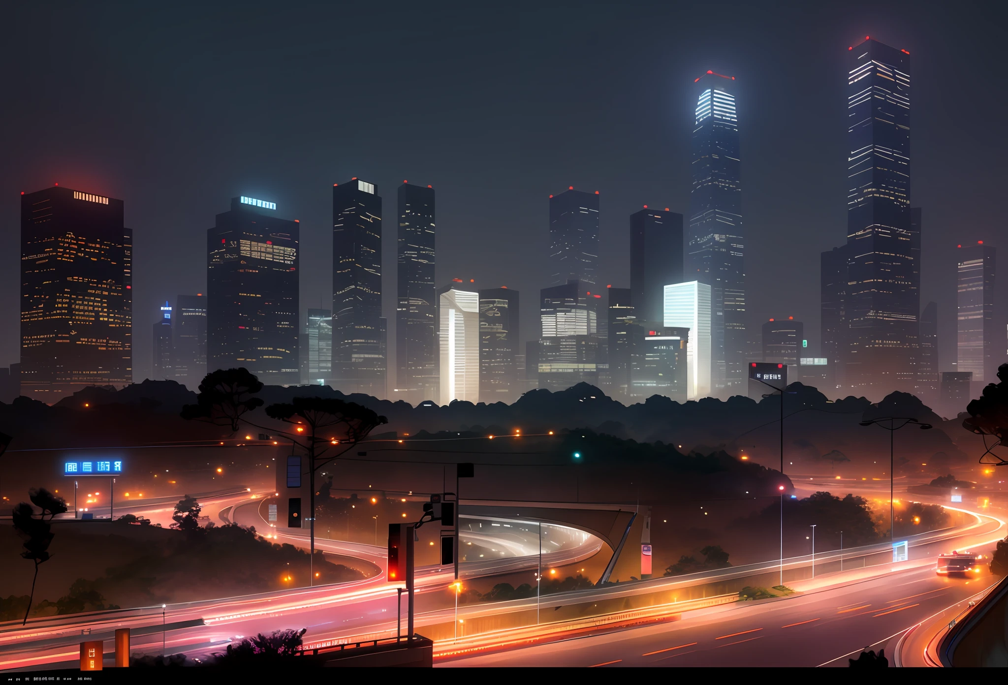 nighttime view of a city with a highway and a few buildings, by Li Tiefu, by Patrick Ching, urban concept art, night cityscape, by Shitao, beautiful cityscape, 8 k matte painting, 8k matte painting, by Victor Wang, cinematic. by leng jun, by Bayard Wu, illustration matte painting, by Jason Chan