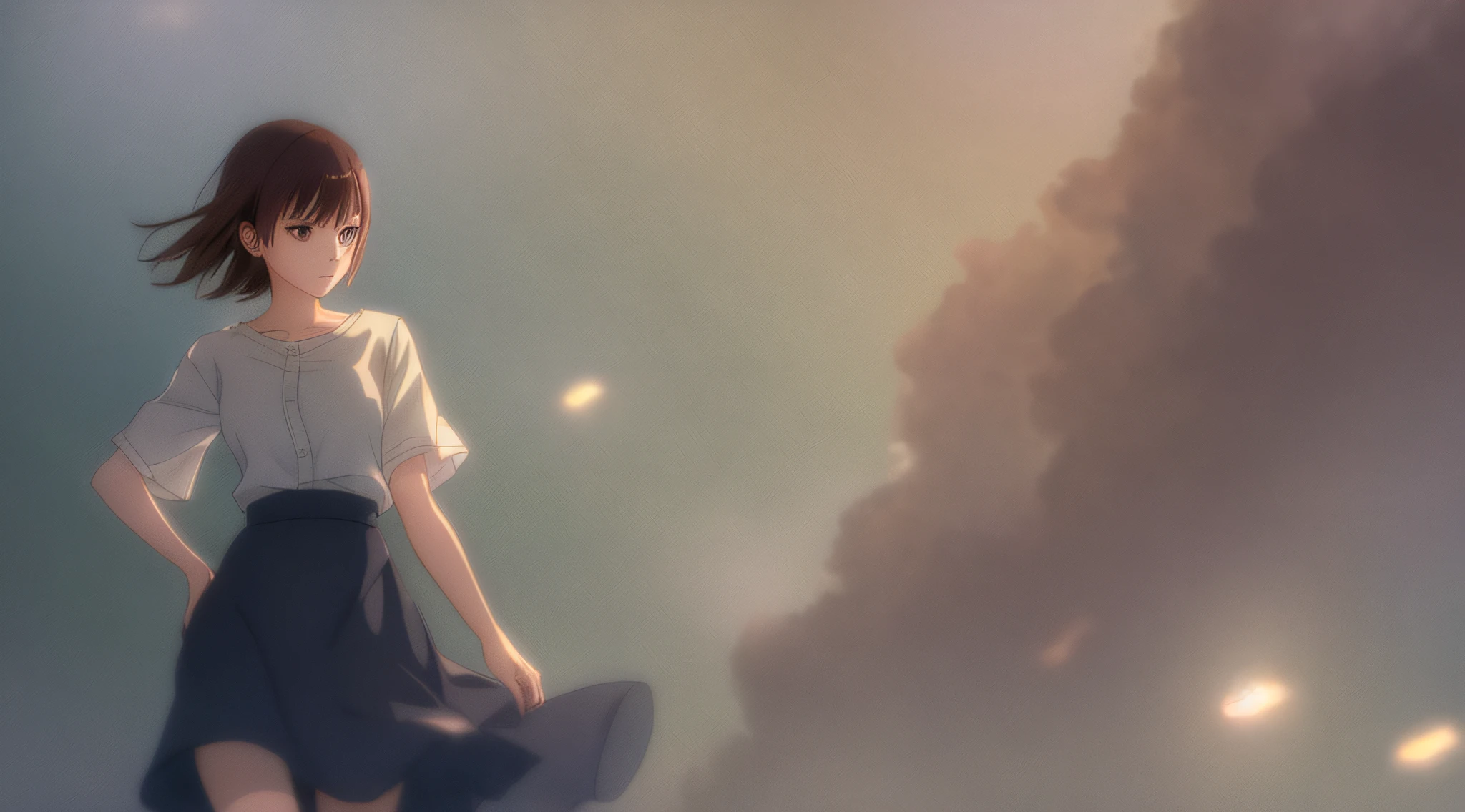 Detailed and perfect anime style illustration, brown short hair, very cute young woman, perfect round eyes, female focus, solo, wearing gray shirt and gray long skirt. Daydream, dramatic and fantastic foggy mysterious background, background blurred, dramatic lighting Makoto Shinkai