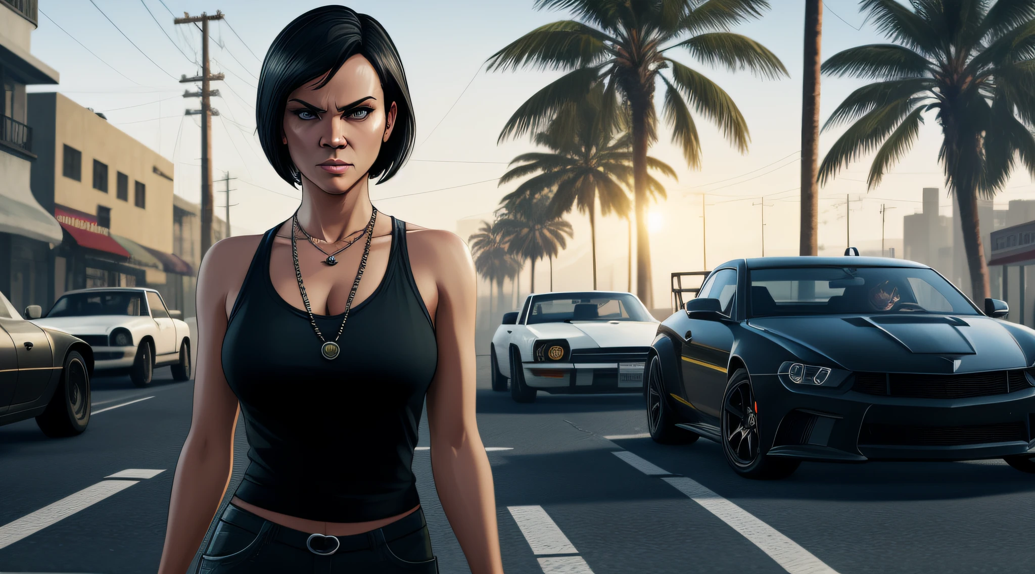 ((gta v style)), ((gta v wallpaper style)), ((gta v artwork)), realistic, photorealistic, cinematic, cinematic lights, dark colors, volumetric lights, reflections, dramatic, ultra detailed, modern, ((masterpiece)), close on the face, background embassado, faint colors, beautiful, sexy woman, solo, blue eyes, short hair, black chanel hair, hair in the wind, light age marks, slim body fitness, angry face,  city, tropical trees.