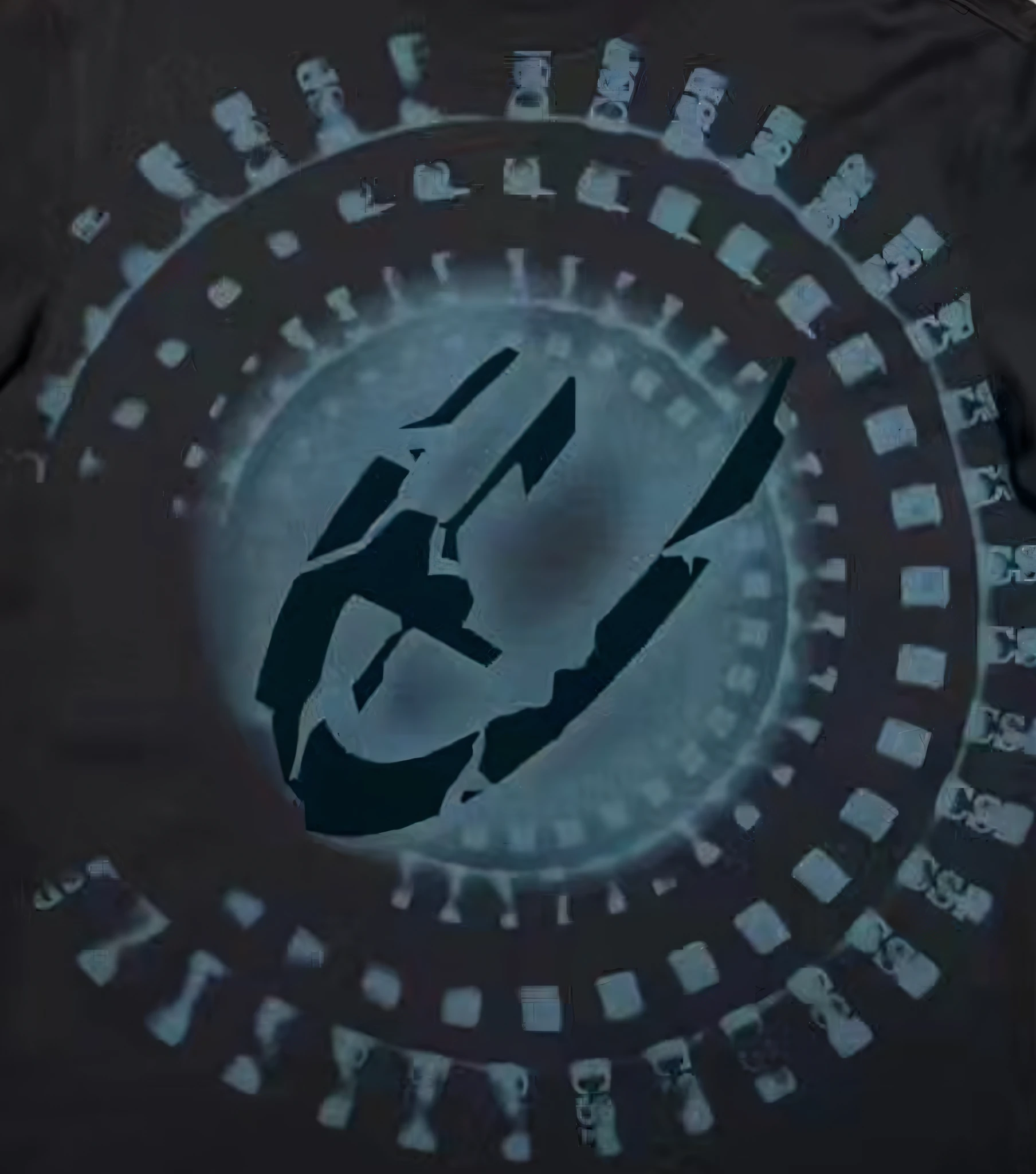 Above it is a photo of a man on a surfboard, an ancient symbol behind it, an infinity glyph, Cherenkov radiant, wearing a Netrunner costume, a stylized cyberpunk minotaur logo, teonanacatl glyph, a gragolian glyph, a cyberpunk demon symbol, Cymatics, portal opening, blue circular hologram